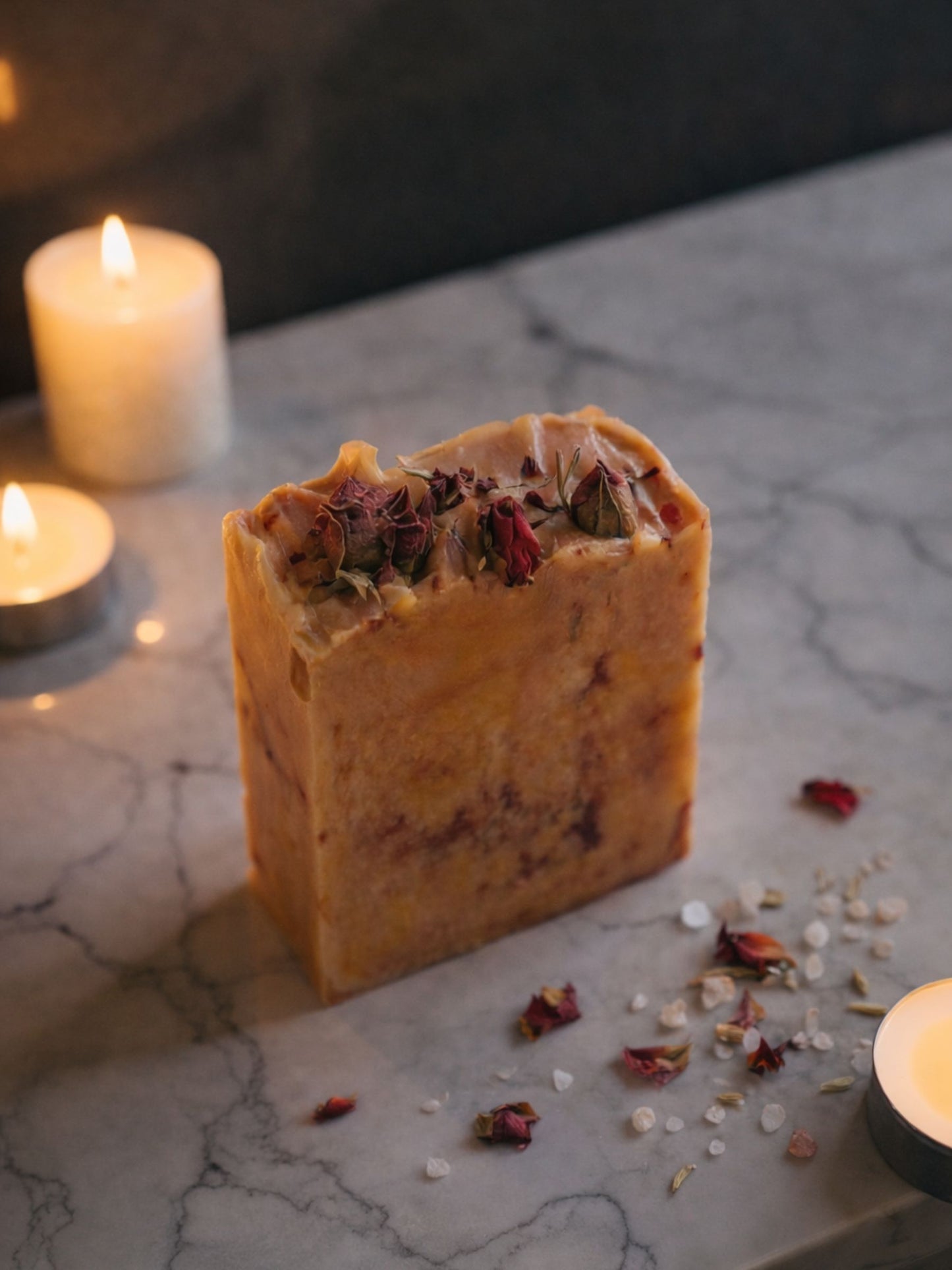 Aphrodite’s Glow olive oil & rose geranium soap by DEOS Co., luxury handcrafted botanical soap with organic olive oil, organic goat milk, elegant rectangular bar with floral accents.