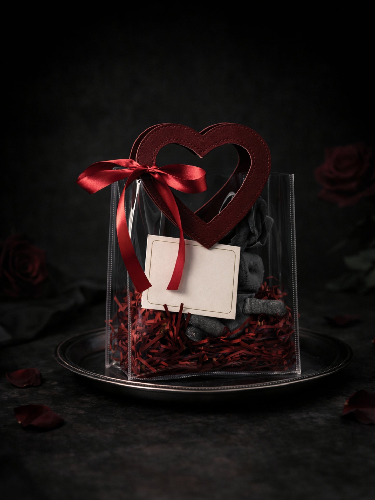 Transparent DEOS CO Valentine's Day gift bag with wine red heart-shaped handle and soaps inside, styled on a plate against a dark background