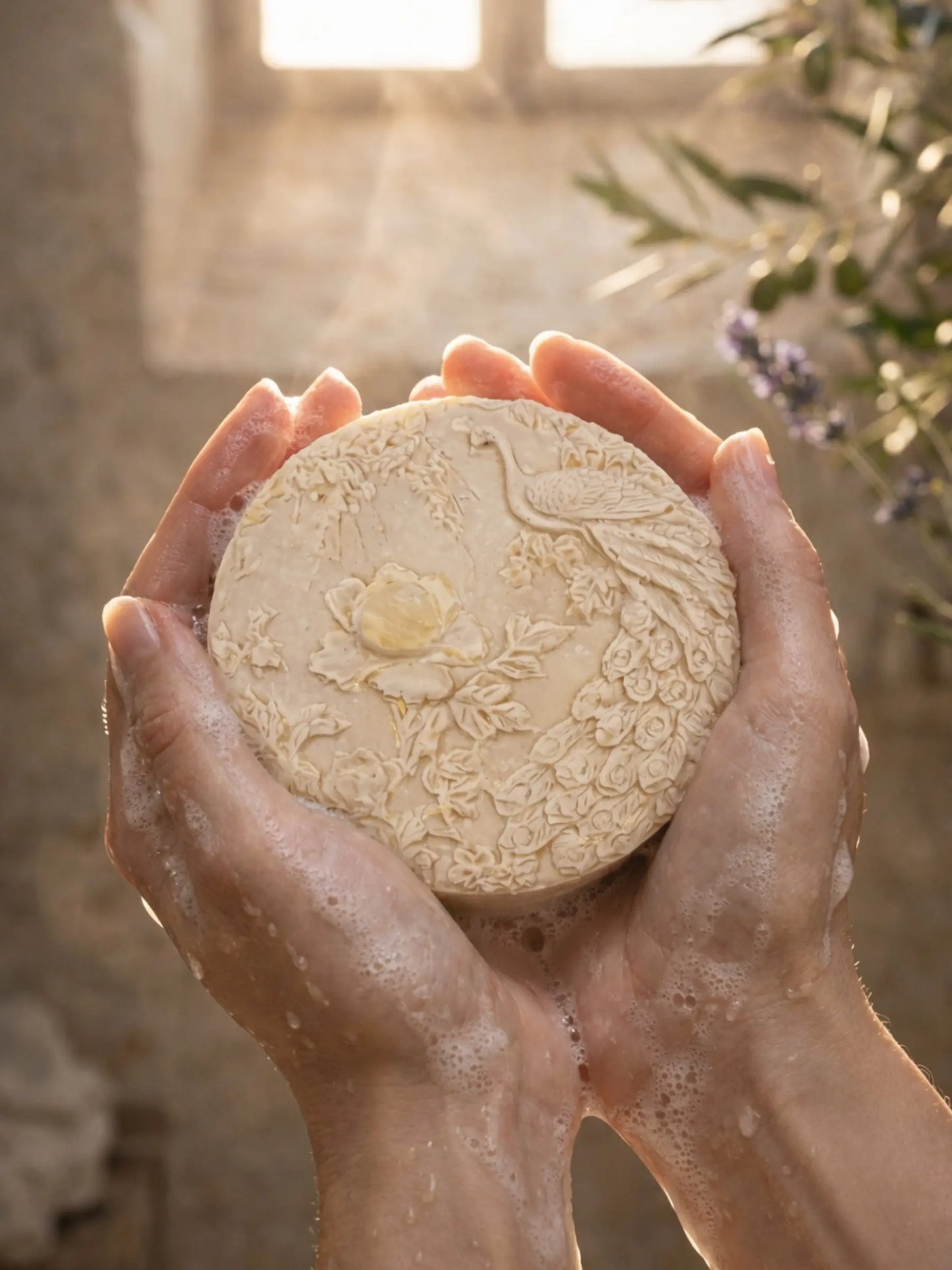 Hands holding The Hera Peacock olive oil and lavender soap by DEOS Co., showcasing the sculpted peacock design during use, Nardus Bliss Collection