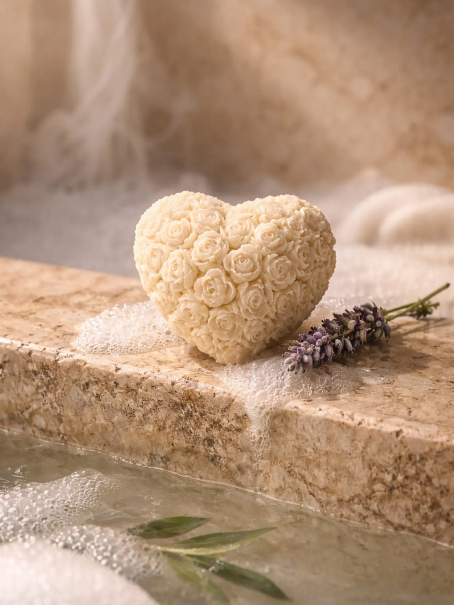 Small heart-shaped Fleur Heart soap with detailed floral surface placed on natural stone, surrounded by soft steam and lavender, evoking a spa-like atmosphere, DEOS Co. Nardus Bliss Collection.