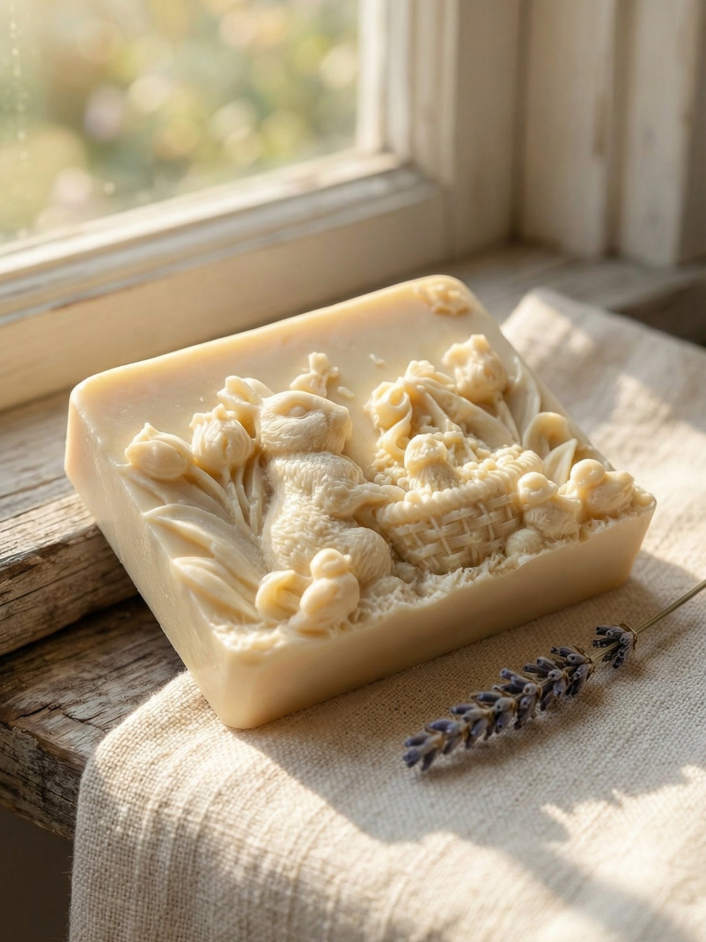 DEOS Co. THALÉA natural olive oil lavender bunny soap resting by window in warm morning light creating a serene luxury skincare atmosphere