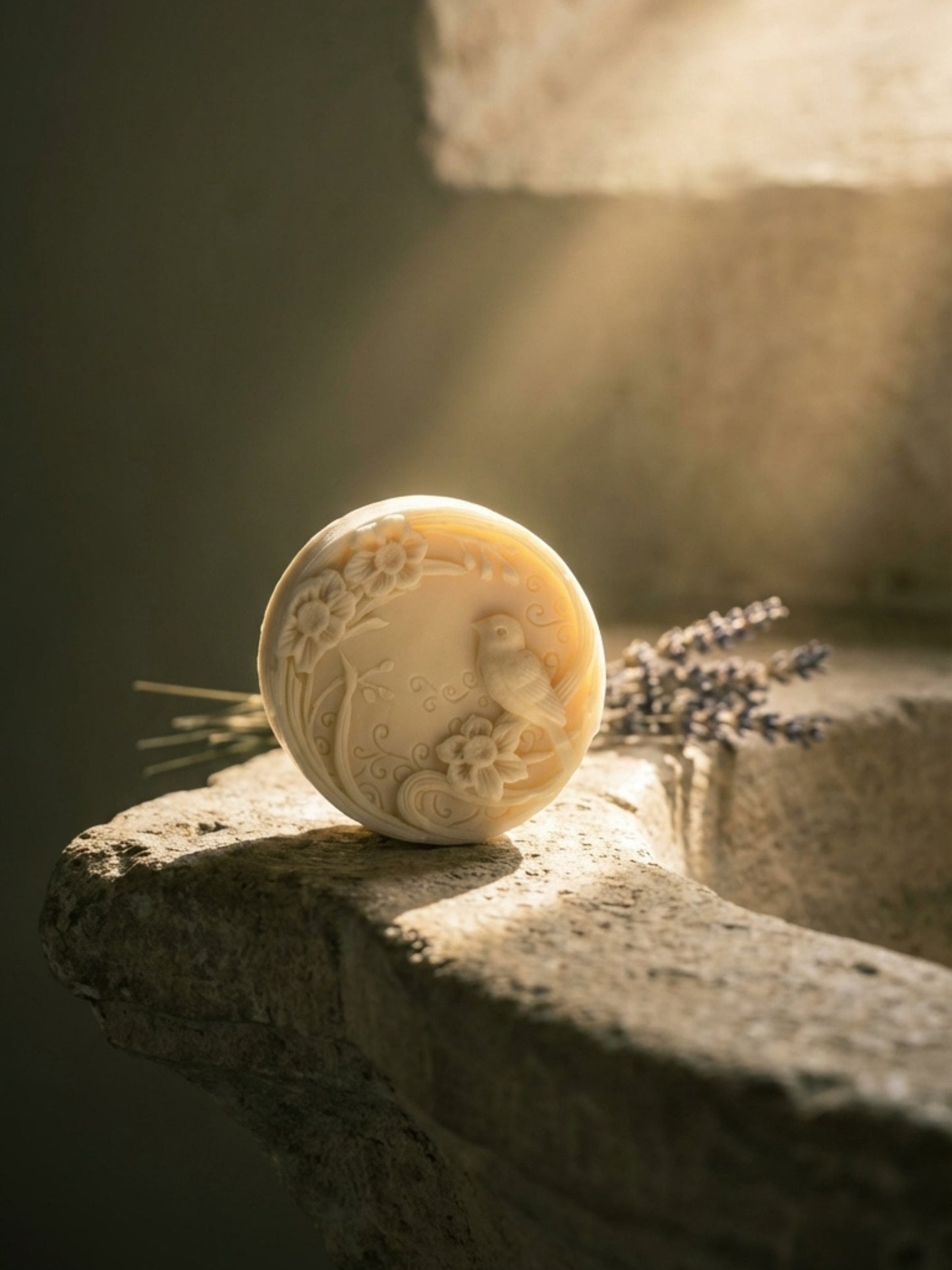 Handcrafted olive and lavender soap with carved bird design, Nardus Bliss The Herald by DEOSCO
The Herald — Pure Olive Oil & Lavender Soap | Nardus Bliss Collection