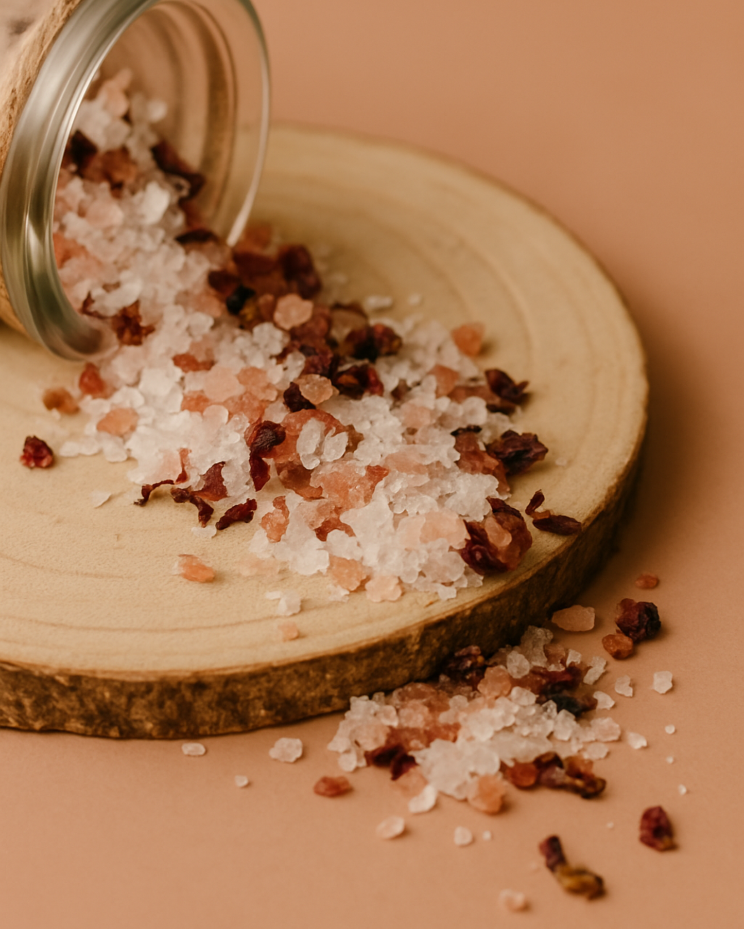 Hand-poured Aphrodite’s Bloom Bath Salts by DEOS Co., spilling organic rose petals and mineral-rich salts onto a natural wood base — an ode to slow, sensual luxury.