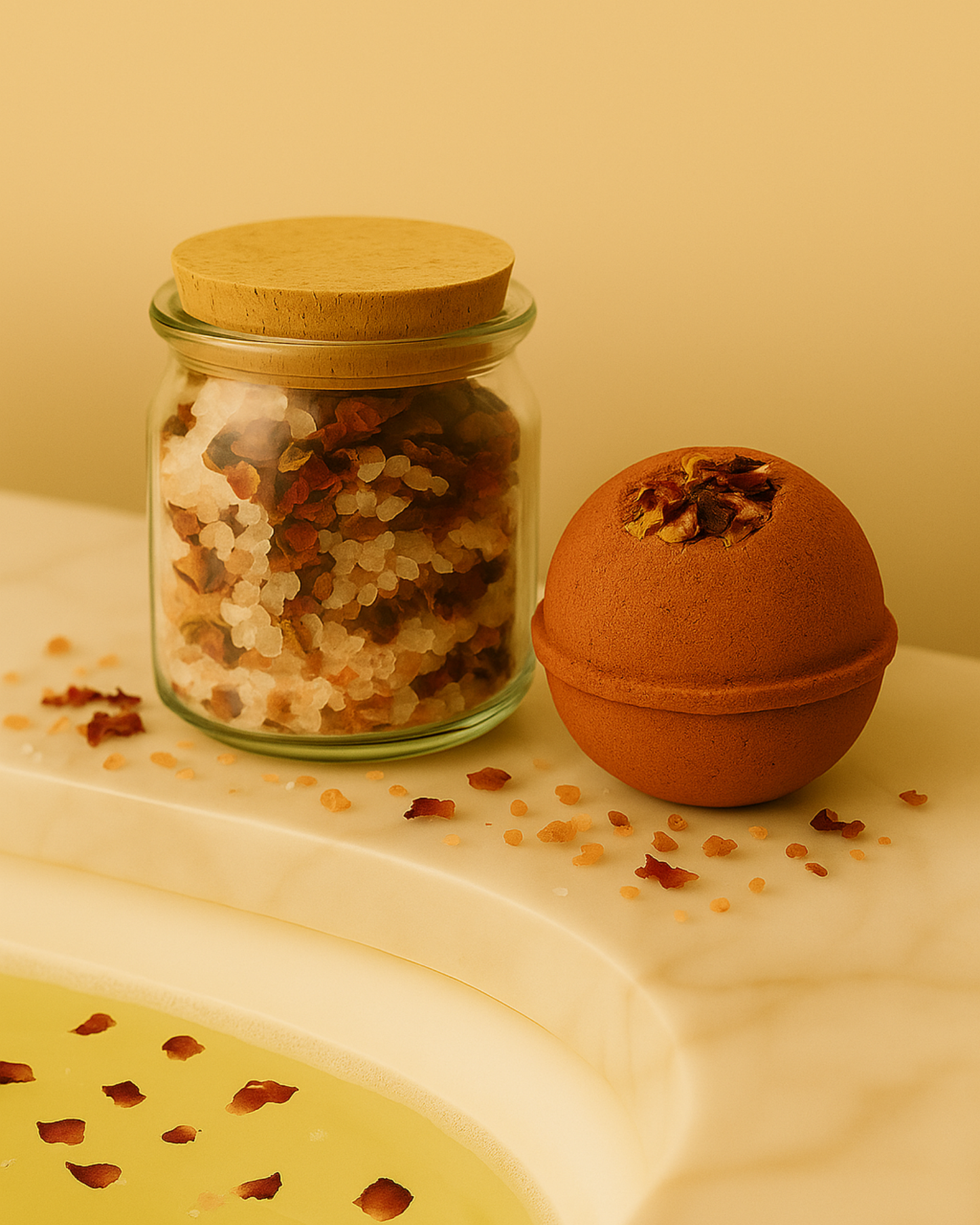 Aphrodite’s Bloom Bath Soak and Aphrodite’s Sphere Bath Bomb by DEOS Co. — organic rose-infused bath essentials crafted for radiant skin and timeless luxury.