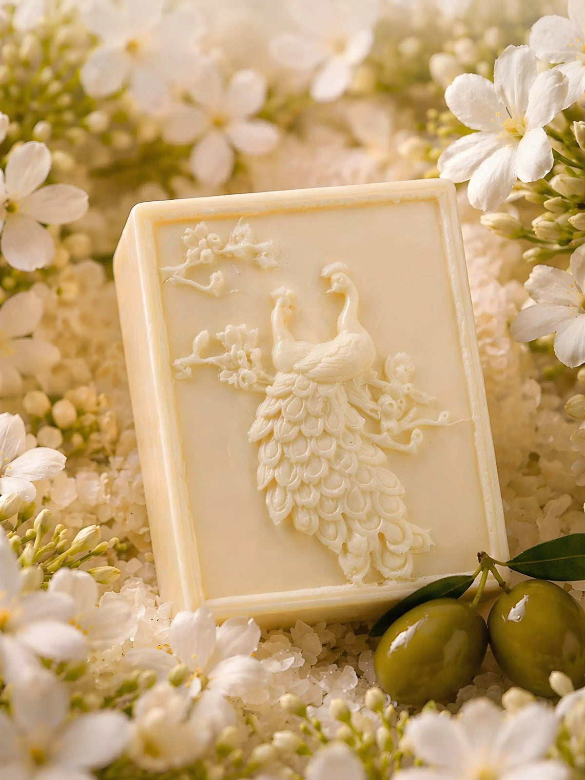 Luxury jasmine olive oil soap with peacock design, surrounded by white jasmine flowers and green olives – natural skincare by DEOS Co.