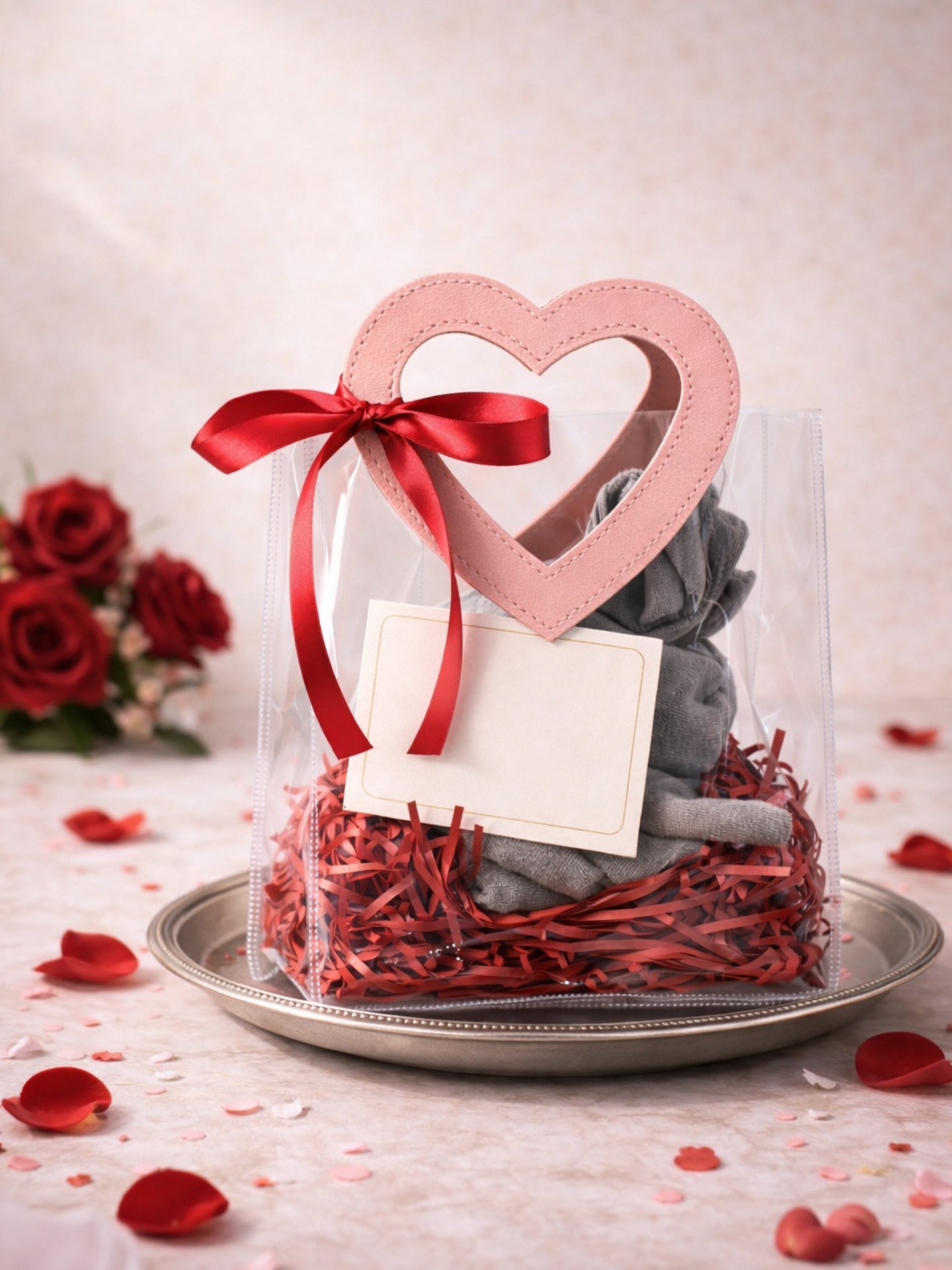 Transparent heart-handle gift bag containing soaps, styled with decorative petals. Ideal for Valentine's day