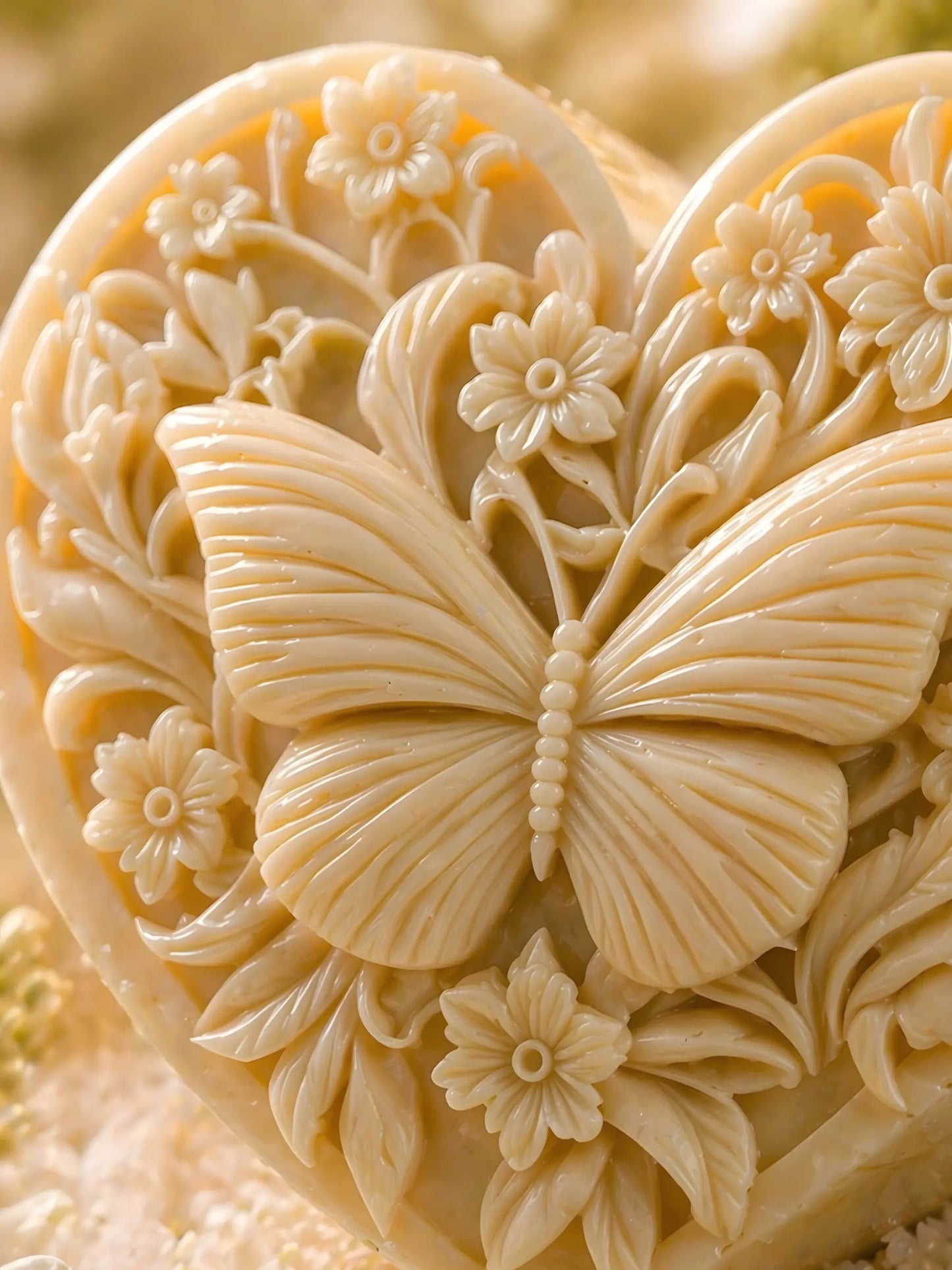 Close-up of butterfly carved jasmine olive oil soap, intricate floral relief, handcrafted premium soap by DEOS Co.