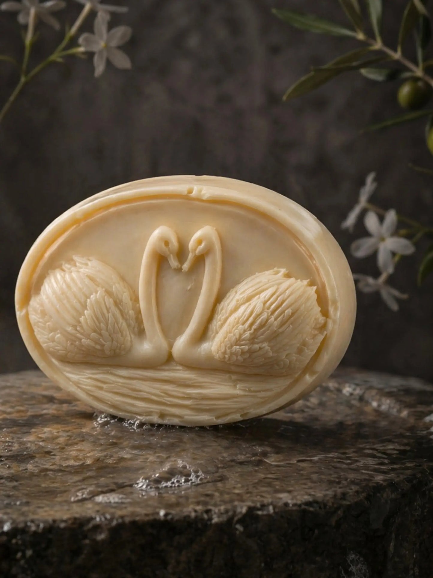 Elegant swan olive oil jasmine soap on stone surface, sculpted design, high-end natural skincare by DEOS Co.