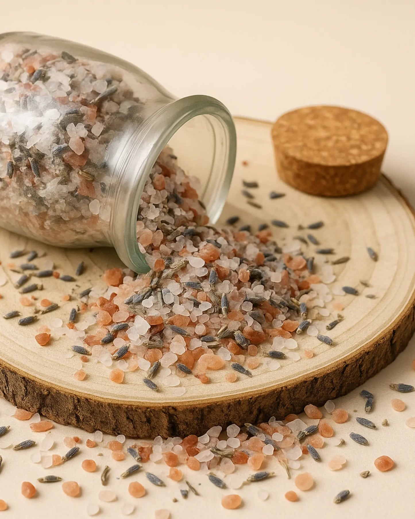 Luxury Nardus Hemera Bath Soak by DEOS CO – handcrafted pink Himalayan salt, dead sea salt and lavender salts displayed on wood slice with cork lid and scoop.