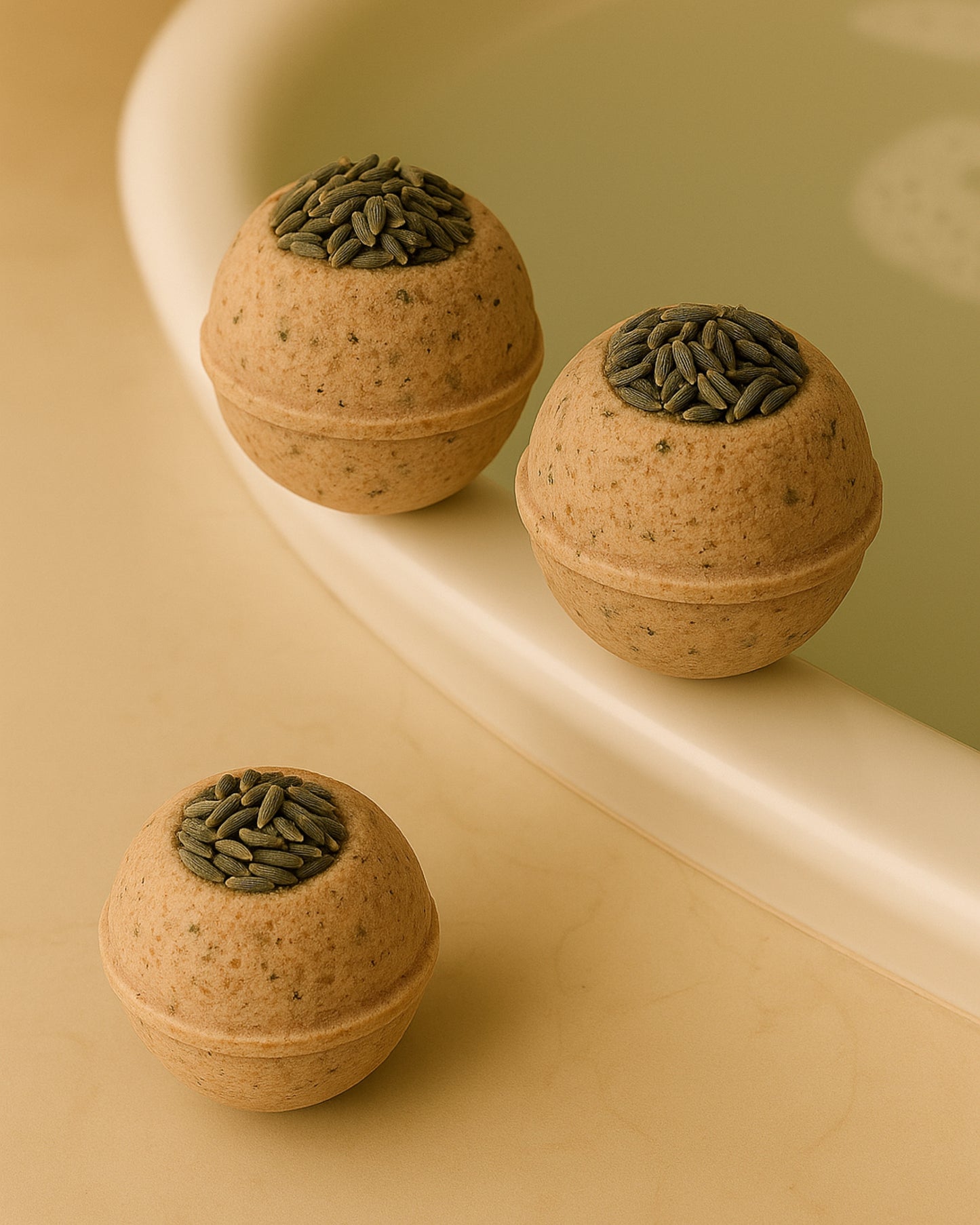 Three Nardus Sphere bath bombs with lavender flowers on top on a white bathtub rim by DEOS Co.