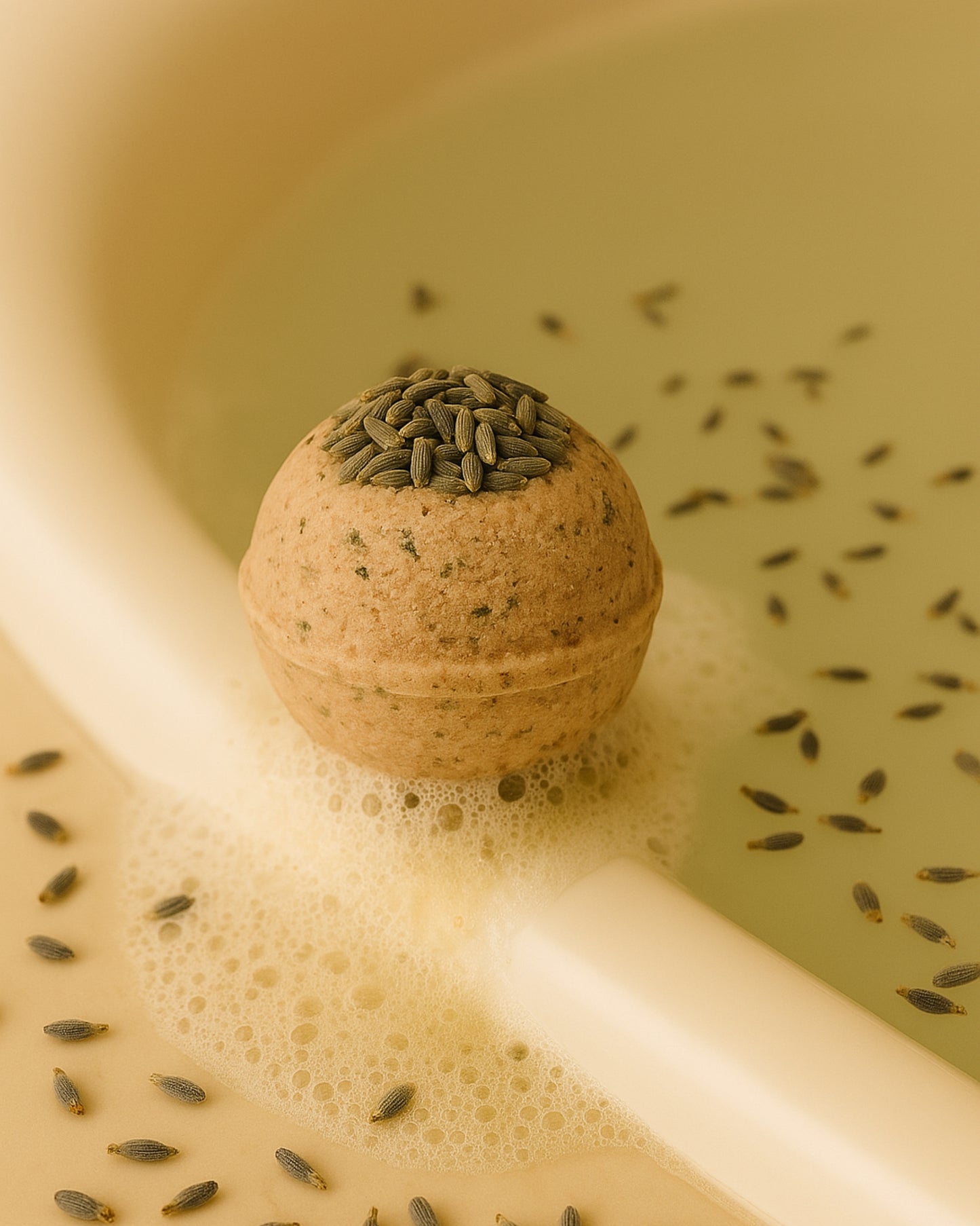 Nardus Sphere Bath bomb by DEOS Co. with lavender buds on top in a bathtub filled with water and soap foam bubbles.