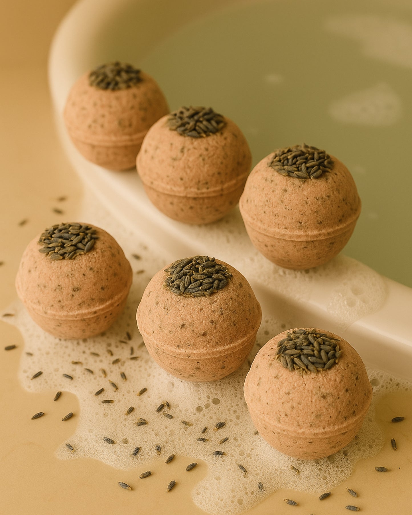 Nardus Sphere 6 pack Bath bomb set with lavender flowers toppings on a bathtub rim with water droplets and soap foam by deos co.