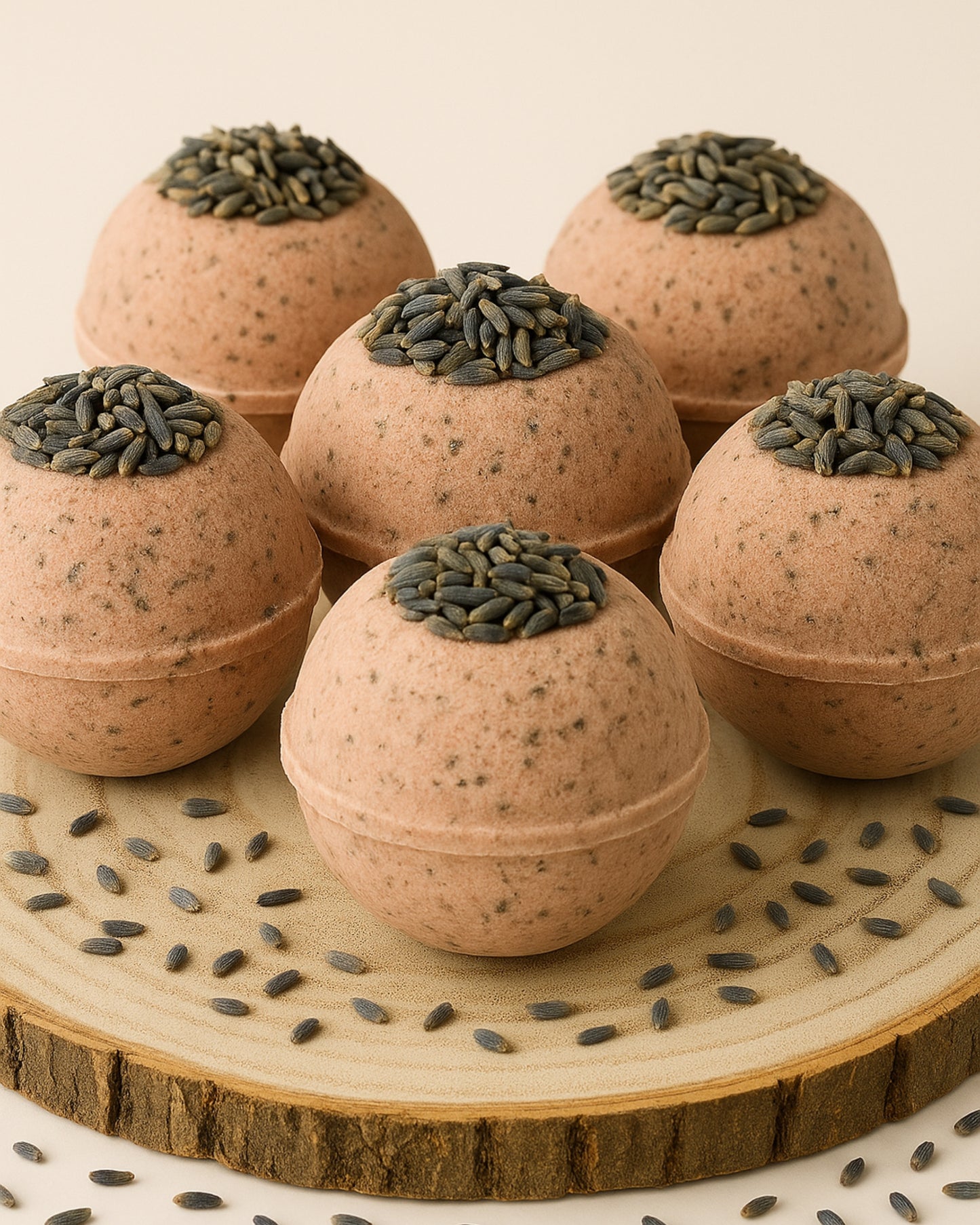 Nardus Sphere 6-pack Bath bombs set with seed toppings on a wooden surface by DEOS Co.