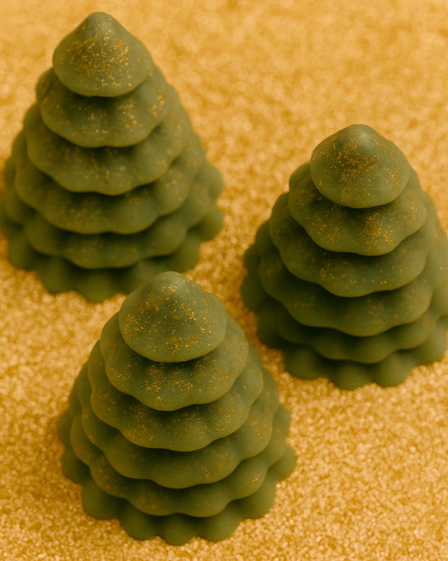 Set of DEOS Co. Olympian Pine luxury handmade soaps shaped like Christmas trees, featuring natural Greek oils, pine and orange aroma, and subtle gold dust for an elegant holiday look.