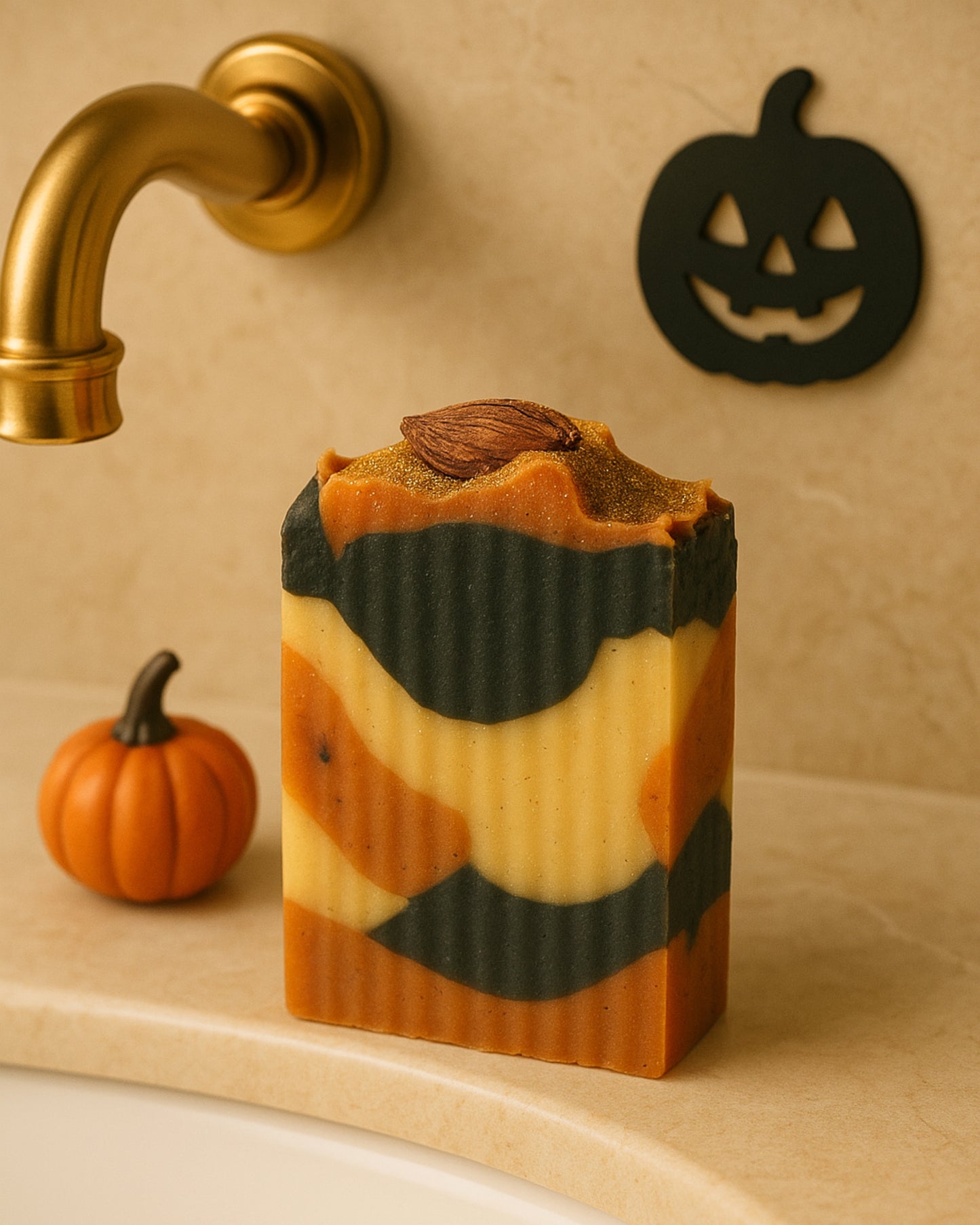 Persephone’s Harvest limited edition Halloween soap bar with black, orange, and cream swirls, topped with edible gold glitter and a cinnamon stick, placed by a golden faucet with pumpkins and jack-o-lantern décor. Handmade natural soap with cinnamon, patchouli, and vanilla scent.