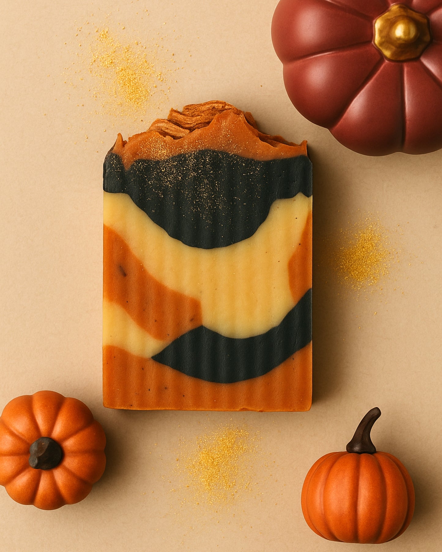 Bar of soap with pumpkin design surrounded by small pumpkins on a beige background by deos co. natural soap brand