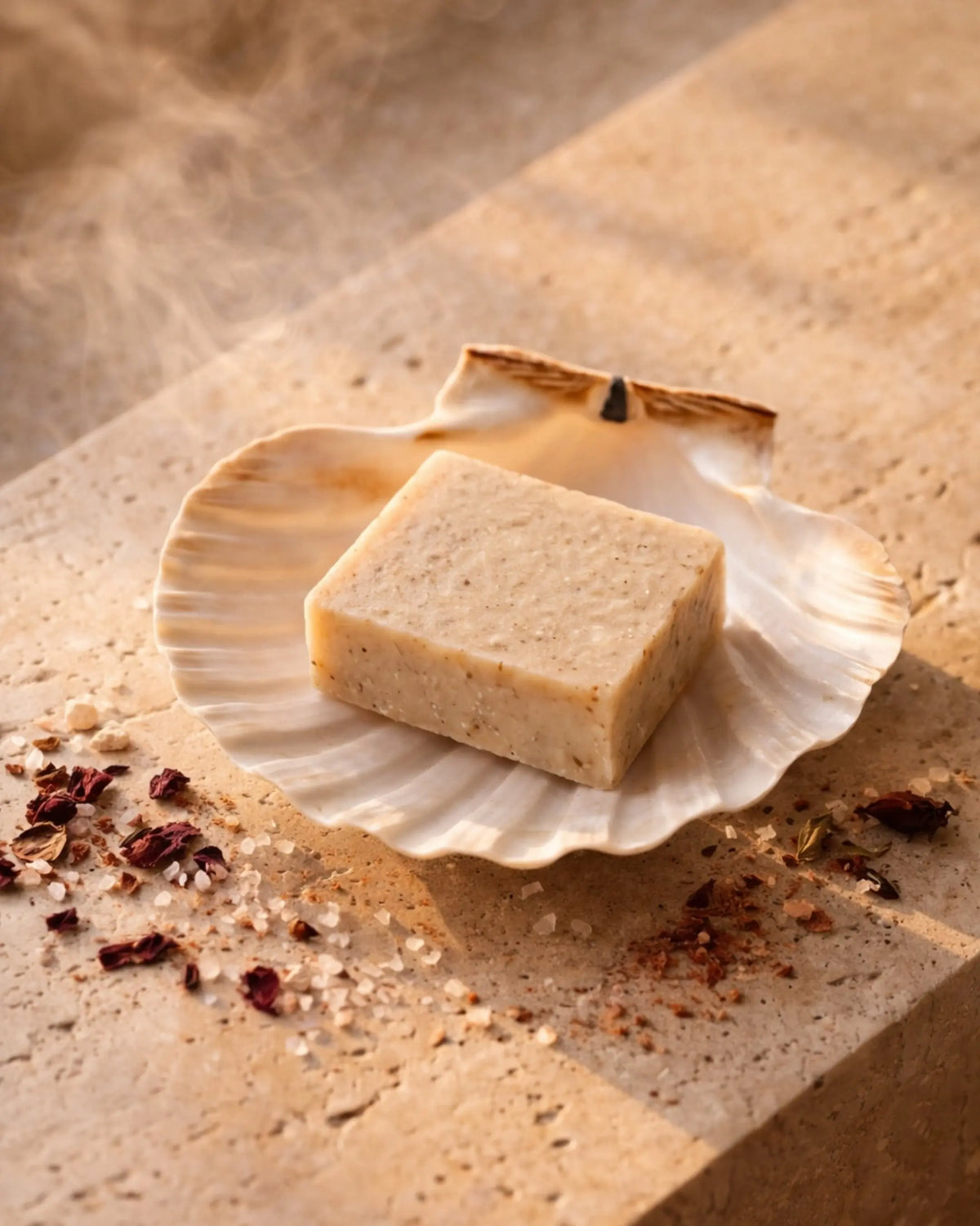 Bar of soap on a seashell soap holder by DEOSCO soap brand with a natural, earthy background