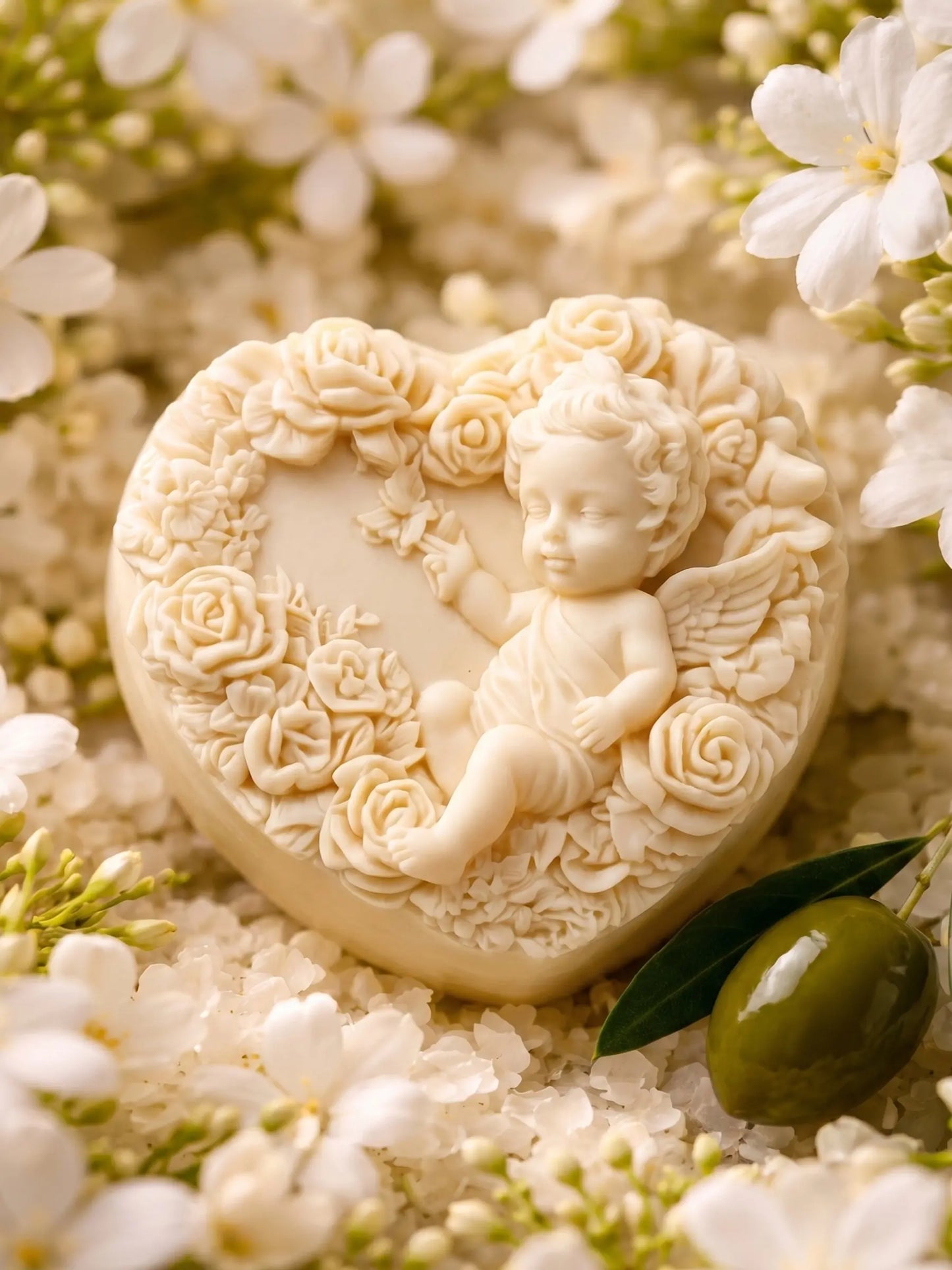 Eros angel jasmine olive oil heart soap surrounded by jasmine flowers and green olives, premium DEOS Co. soap