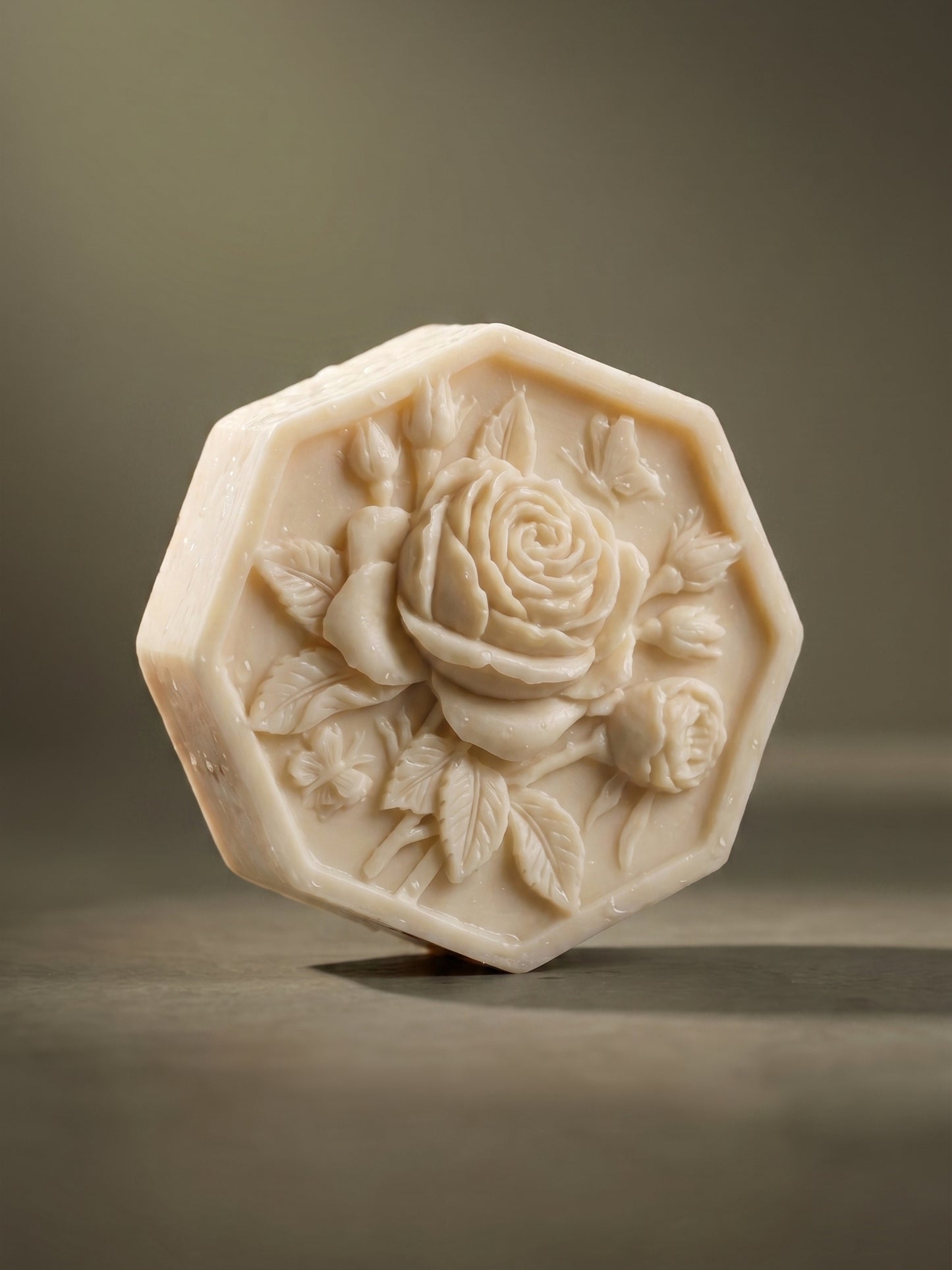 Hexagon rose jasmine olive oil soap on neutral background, elegant handcrafted soap by DEOS Co.