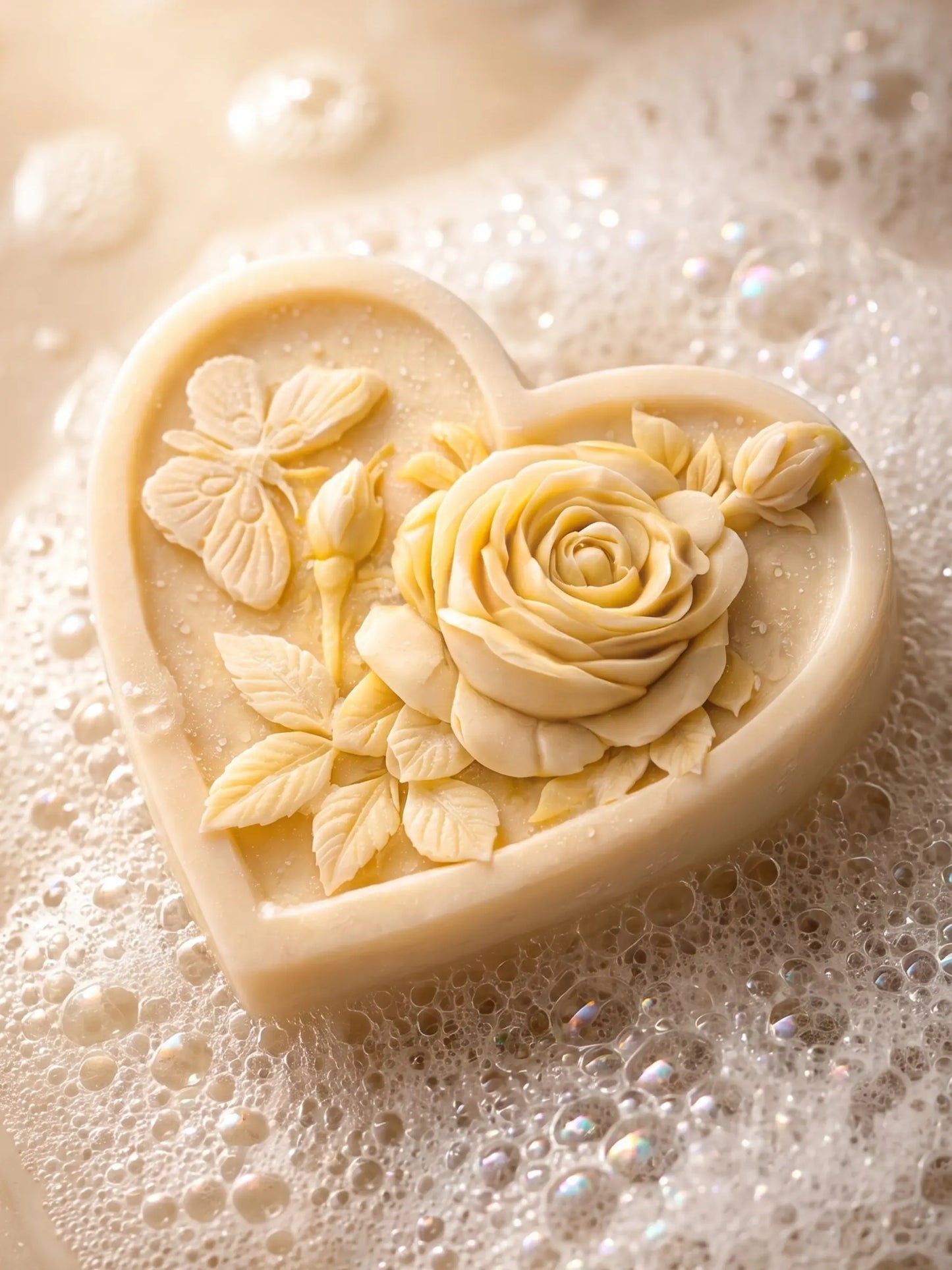 Heart-shaped jasmine olive oil soap with rose design in soft foam, natural luxury soap by DEOS Co.