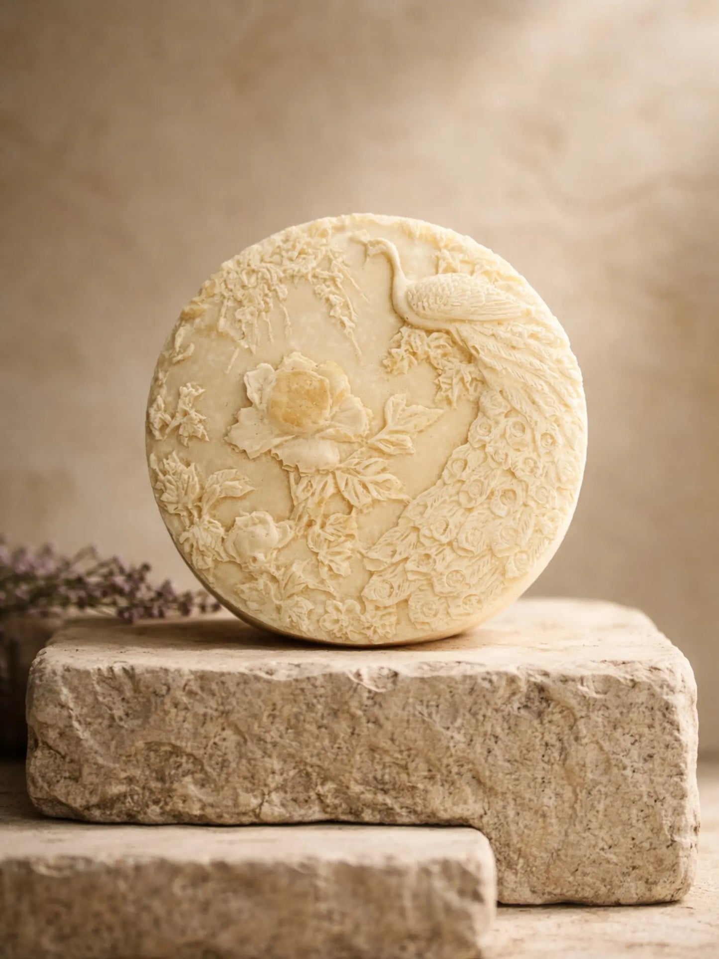 The Hera Peacock olive oil and lavender soap by DEOS Co., sculpted round bar standing on natural stone, Nardus Bliss Collection