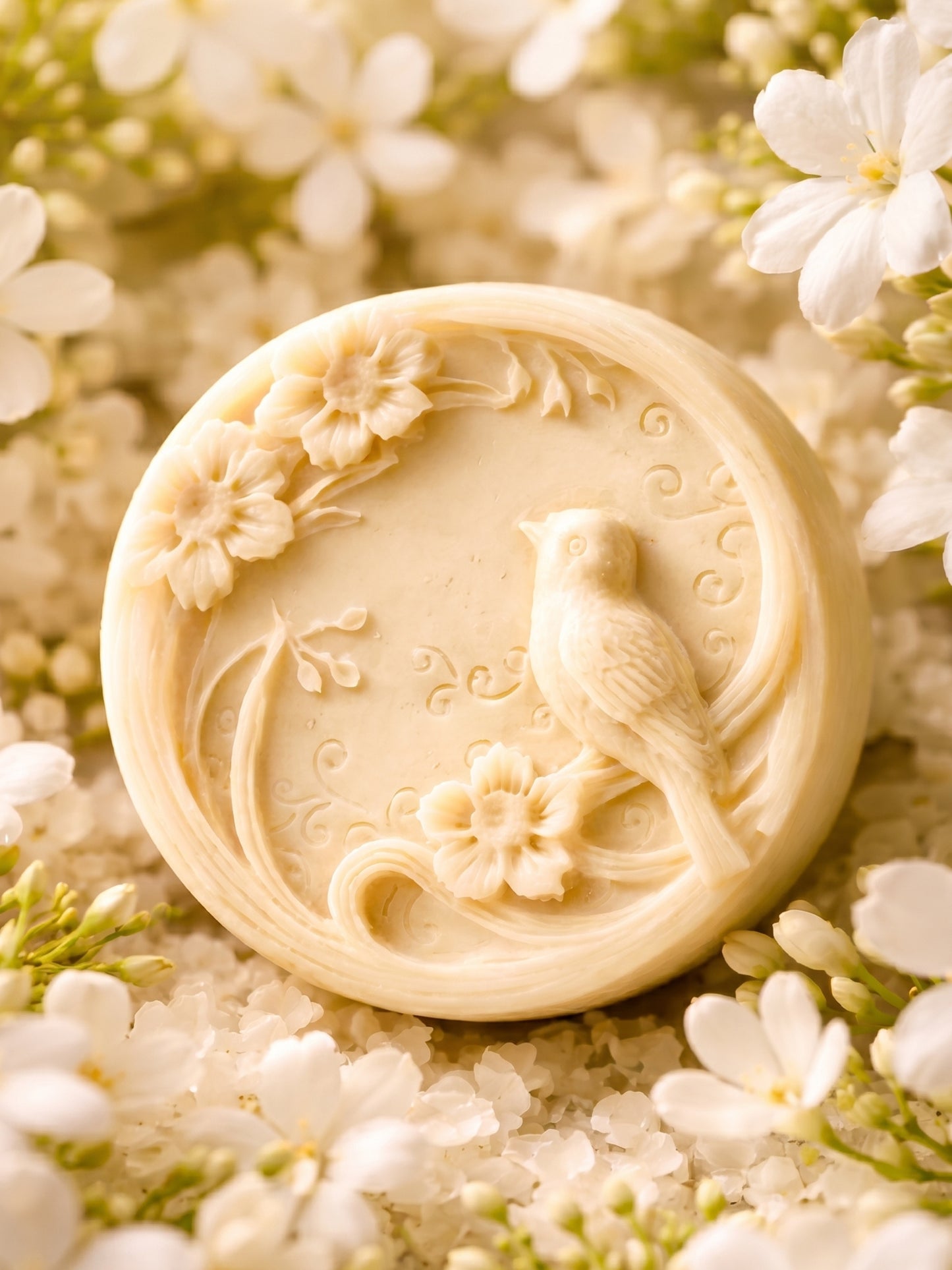 Bird olive oil jasmine soap surrounded by white jasmine flowers and green olives, premium DEOS Co. soap