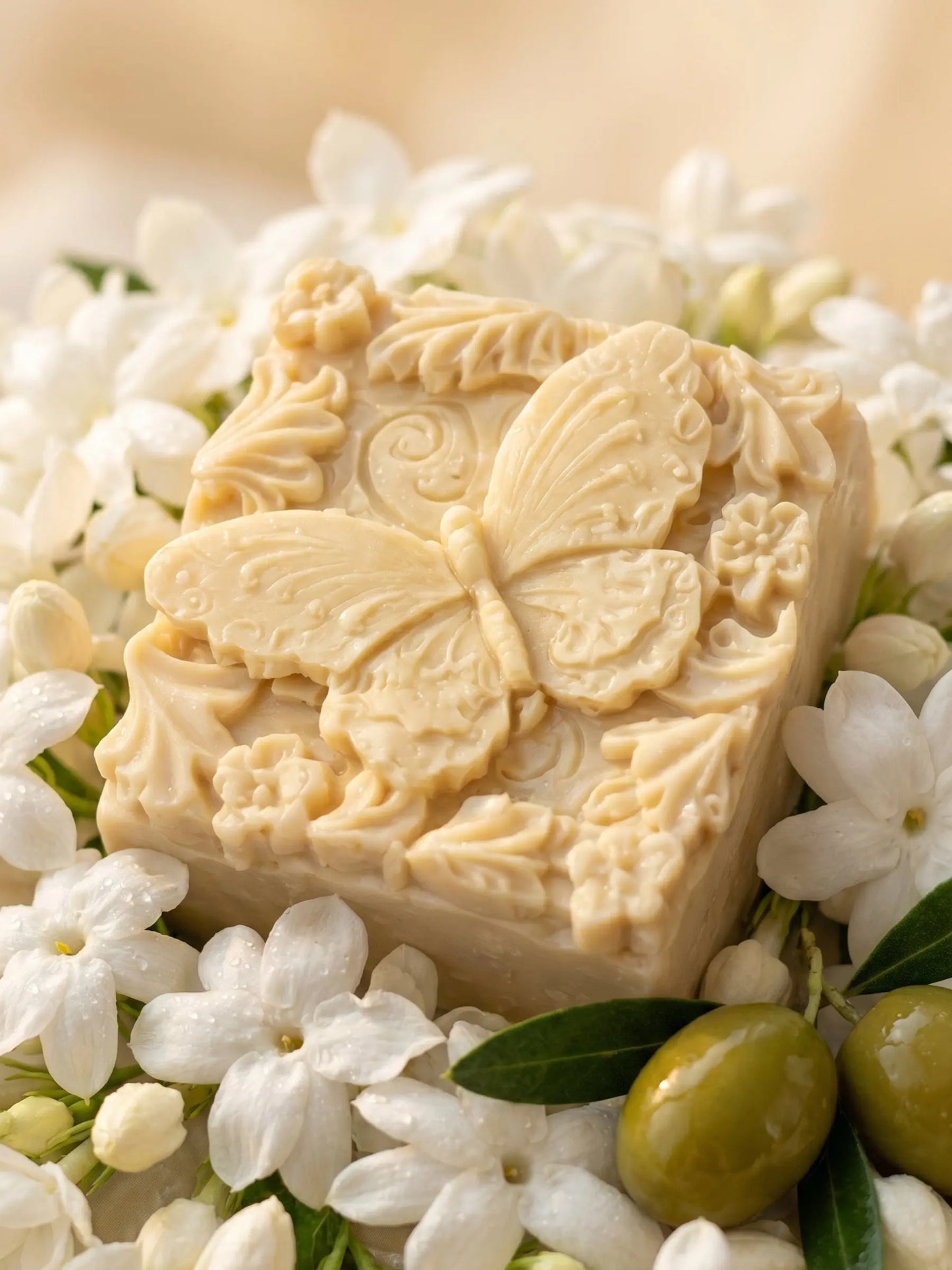 Butterfly olive oil jasmine soap surrounded by jasmine flowers and green olives, premium DEOS Co. soap