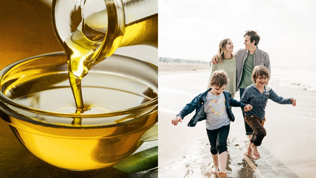 Greek olive oil poured in glass bowl and happy healthy family walking on the beach — symbolizing the health, wellness, and skincare benefits of natural olive oil in DEOS Co. soaps