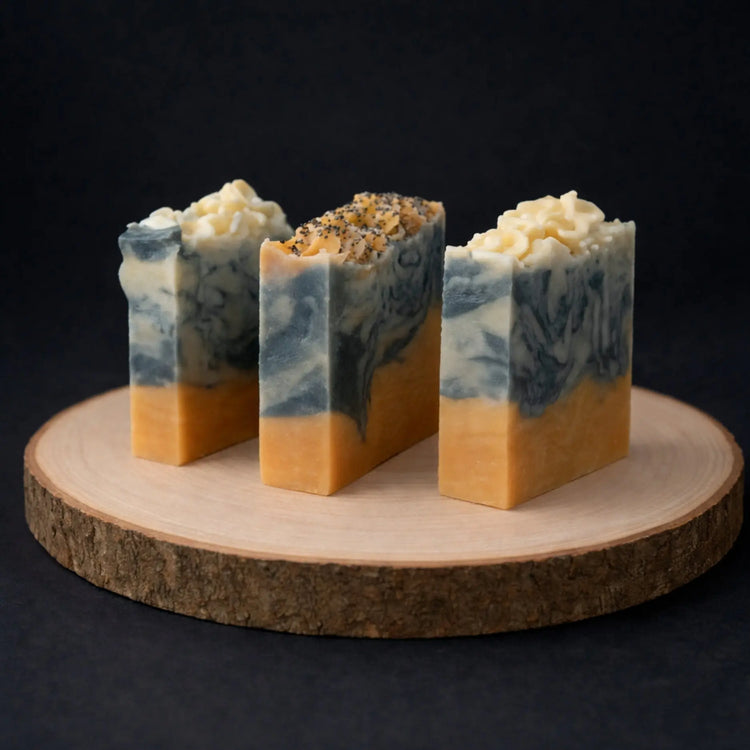 Aetheria Glow luxury soap bars displayed on a wooden base with a minimalist dark background
