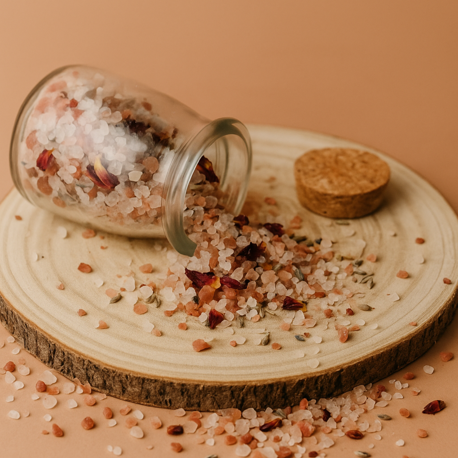 Aphrodite's Bloom Bath Soak by DEOS CO – luxury Himalayan and Dead Sea bath salts with rose petals spilling from a glass jar onto a wooden tray.