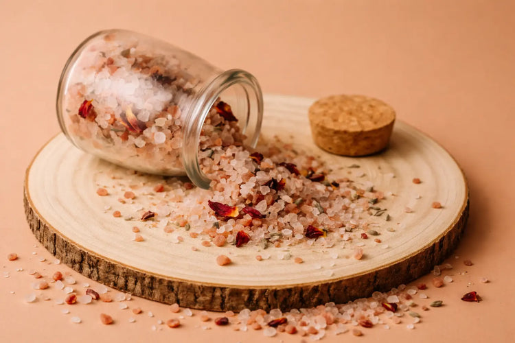 Aphrodite's Bloom Bath Soak by DEOS CO – luxury Himalayan and Dead Sea bath salts with rose petals spilling from a glass jar onto a wooden tray.