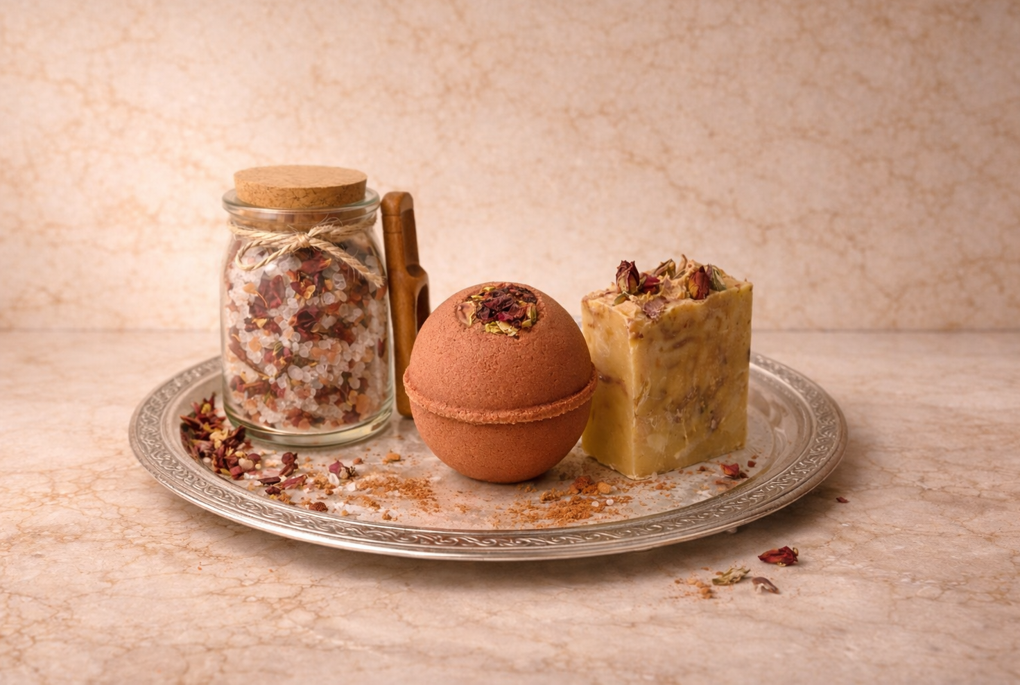 Luxury rose bath gift set with Aphrodite’s Glow soap, Aphrodite’s Sphere bath bomb, and Aphrodite’s Bloom mineral bath soak arranged on a silver tray