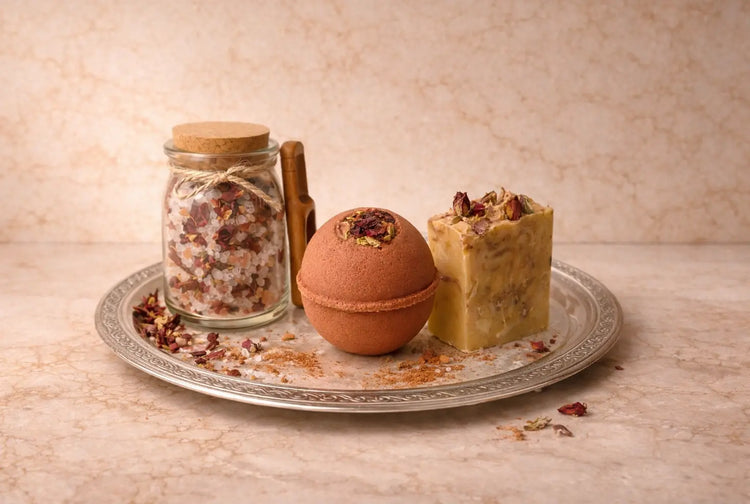 Luxury rose bath gift set with Aphrodite’s Glow soap, Aphrodite’s Sphere bath bomb, and Aphrodite’s Bloom mineral bath soak arranged on a silver tray