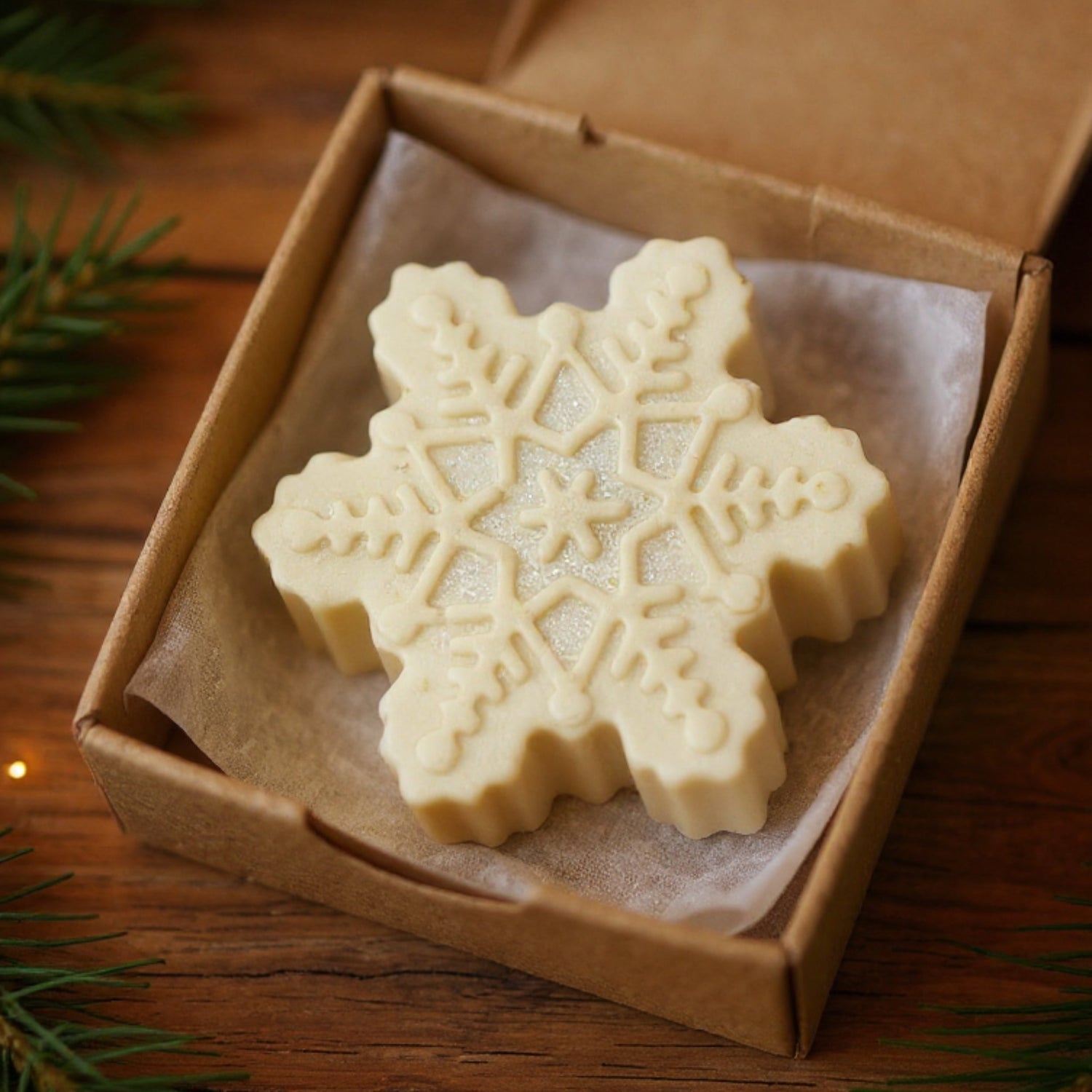 Three handcrafted snowflake soaps from DEOS Co.’s Christmas Collection rest on a marble and wooden tray, surrounded by pinecones and pine branches. Warm golden lighting creates a luxurious, festive, and natural Christmas atmosphere.