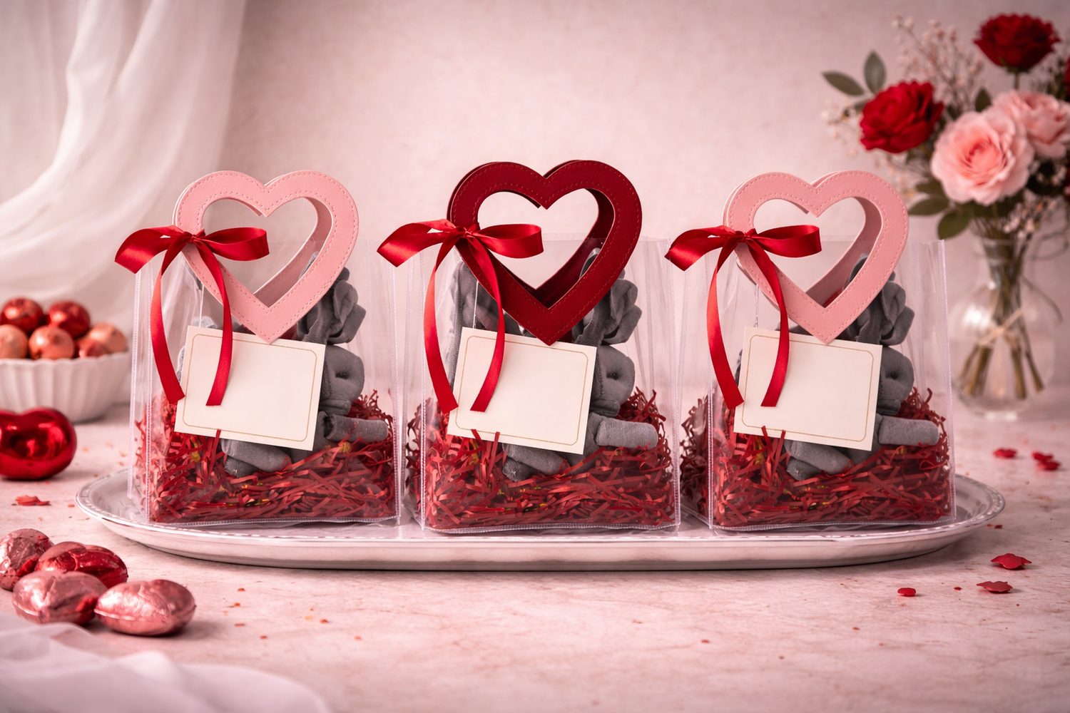 Three DEOS Co. Heart of Aphrodite transparent gift bags with wine red and blush pink heart-shaped handles, filled with luxury bath essentials and red crinkle paper, styled as a Valentine’s Day gift collection on a silver tray