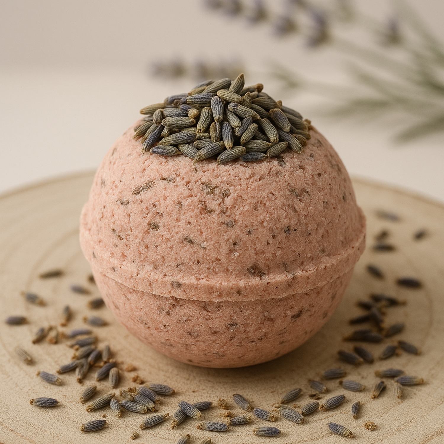 Handcrafted lavender bath bomb by DEOS CO., made with organic ingredients and topped with natural lavender buds, displayed on a wooden base