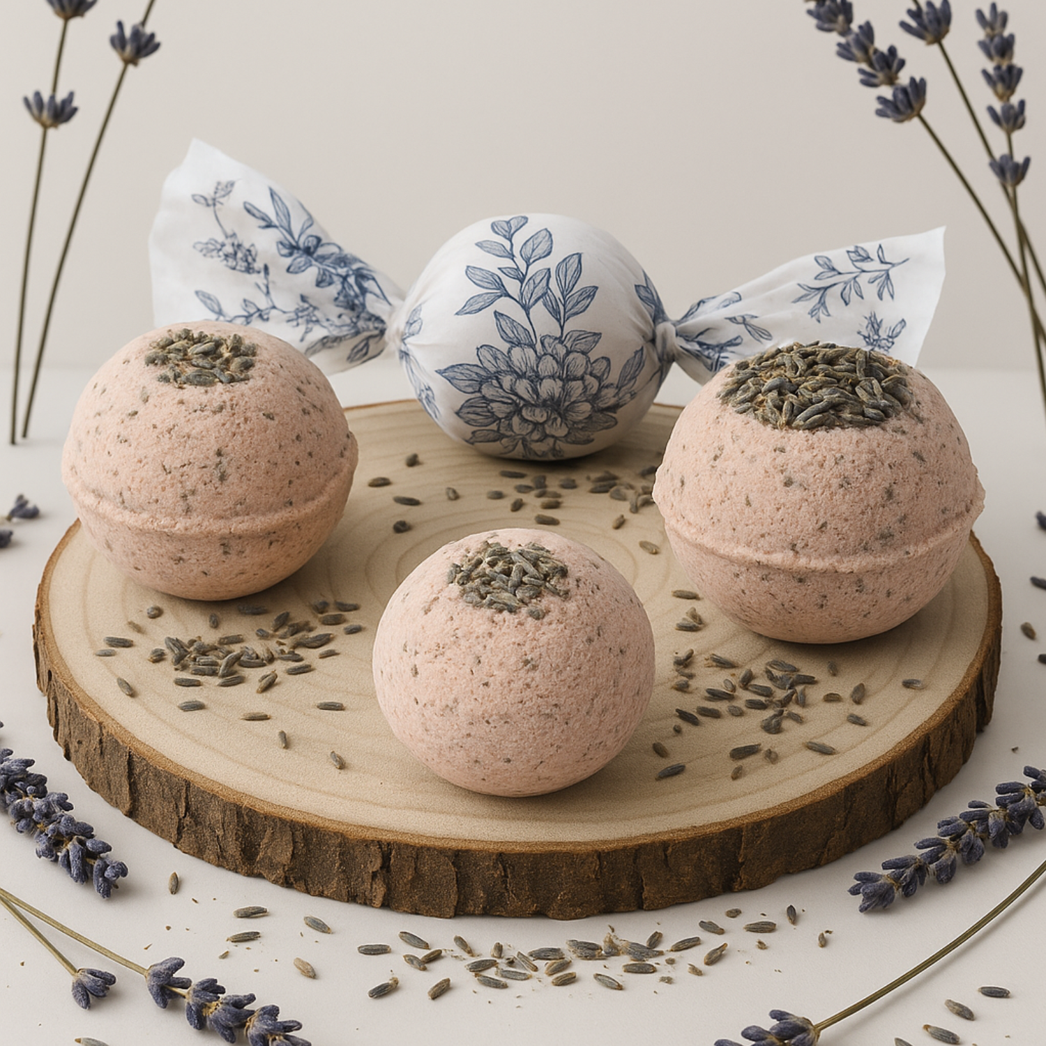 Three handcrafted lavender bath bombs with organic ingredients displayed on a wooden base, surrounded by lavender buds and floral packaging — luxury natural skincare by DEOS Co.