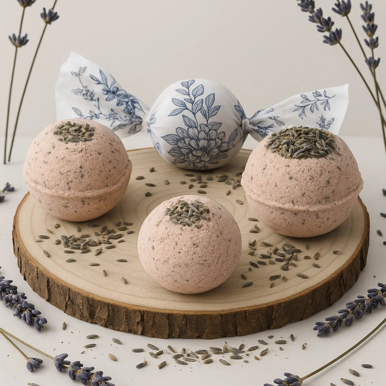 Three handcrafted lavender bath bombs with organic ingredients displayed on a wooden base, surrounded by lavender buds and floral packaging — luxury natural skincare by DEOS Co.