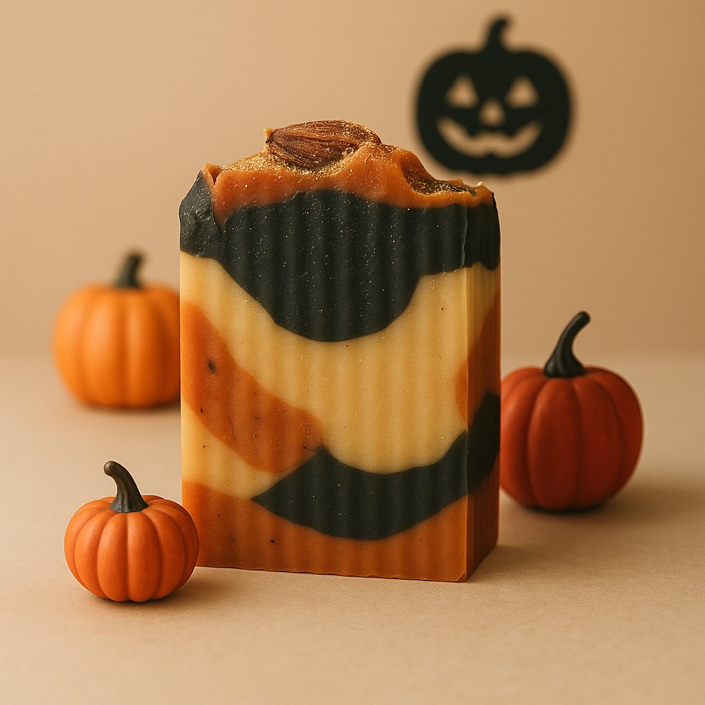 Persephone’s Harvest limited edition Halloween soap with black, gold, and orange swirls, sprinkled with edible gold glitter, natural handmade non-GMO luxury bar with cinnamon, patchouli, and vanilla scent.