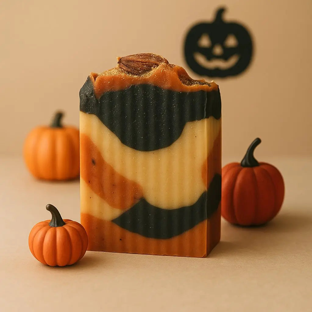 Persephone’s Harvest limited edition Halloween soap with black, gold, and orange swirls, sprinkled with edible gold glitter, natural handmade non-GMO luxury bar with cinnamon, patchouli, and vanilla scent.