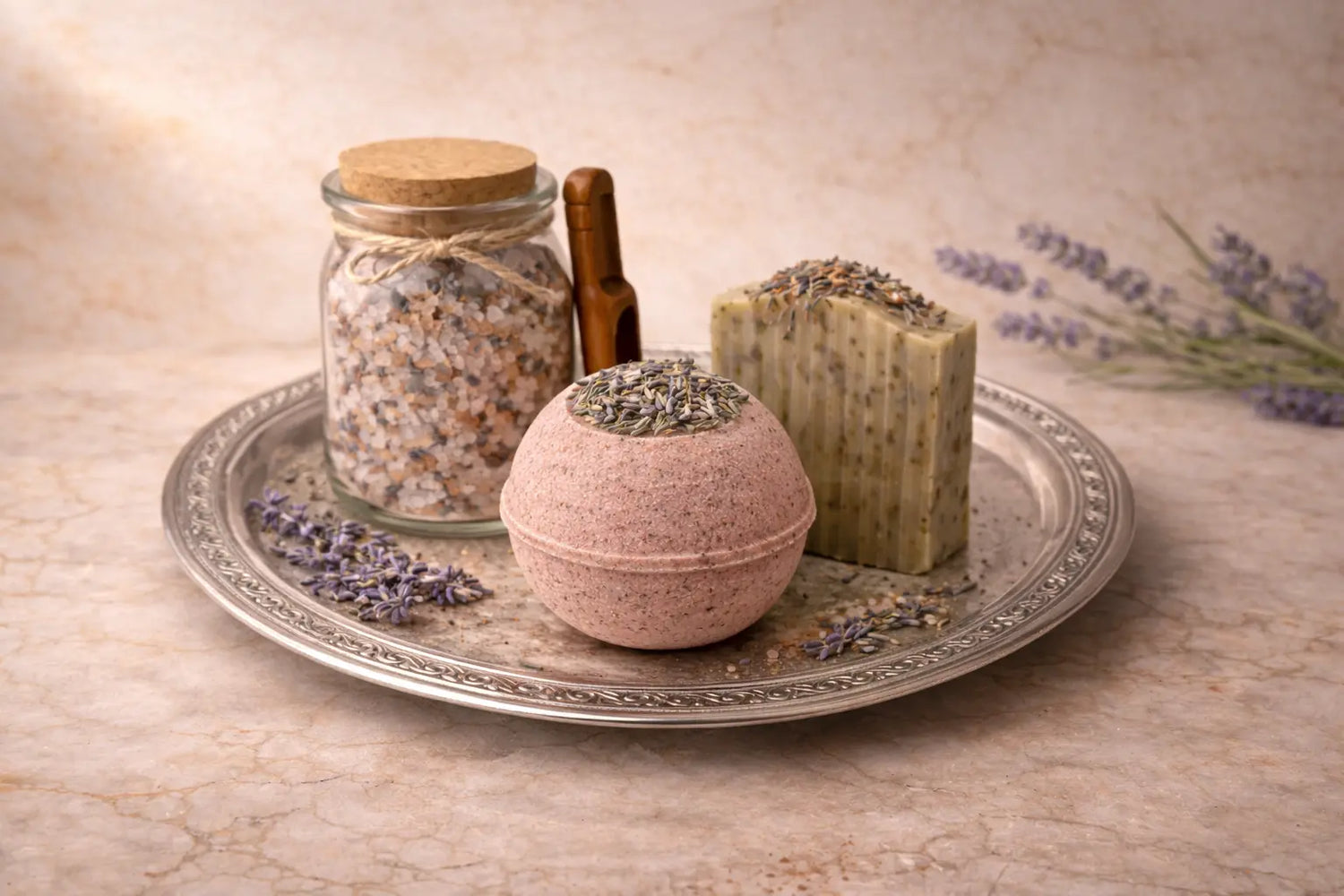 lavender olive oil soap, lavender bath bomb and lavender bath salts by DEOSCO gift set bundle