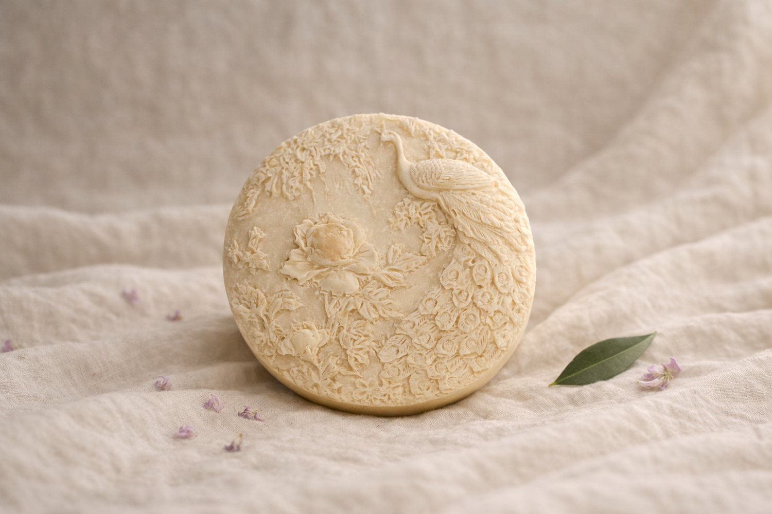 the hera olive oil and lavender natural organic soap by deos co. on linen 