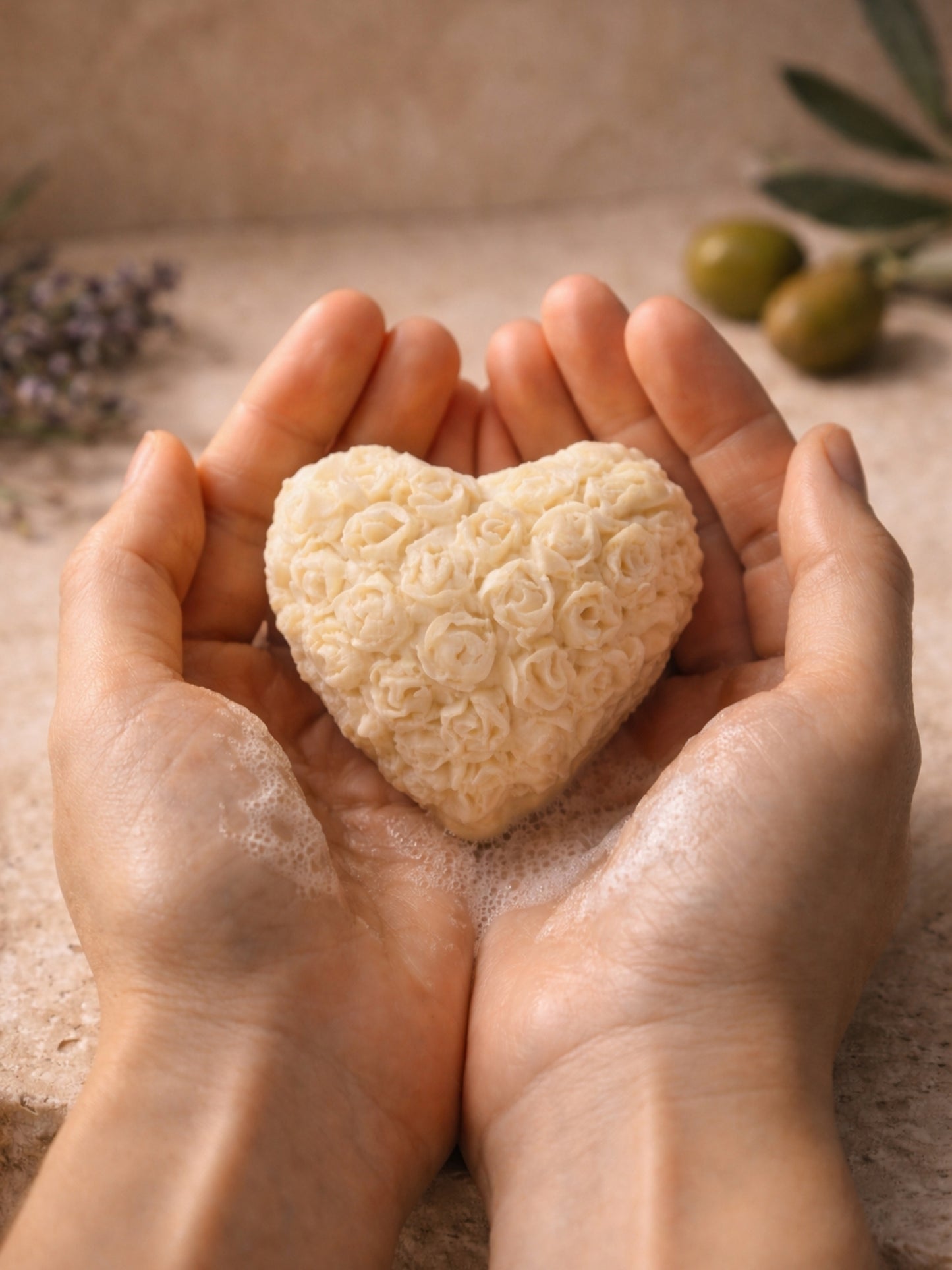 Petite heart-shaped Fleur Heart soap with raised floral texture, gently held in two hands, showcasing its small size and handcrafted detail, made with Greek olive oil and lavender by DEOS Co.