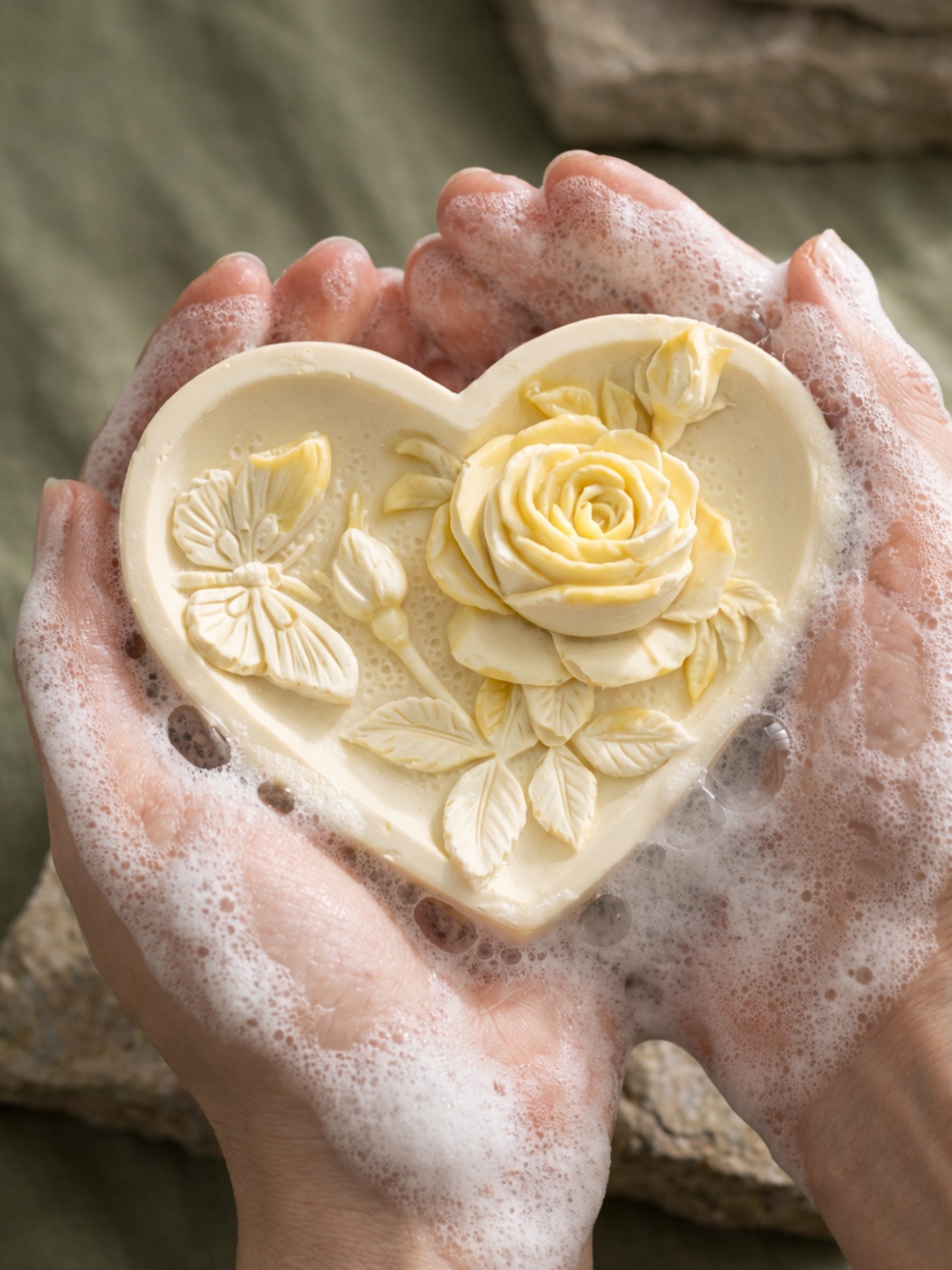 Heart-shaped soap with floral design held between hands in a soapy water.