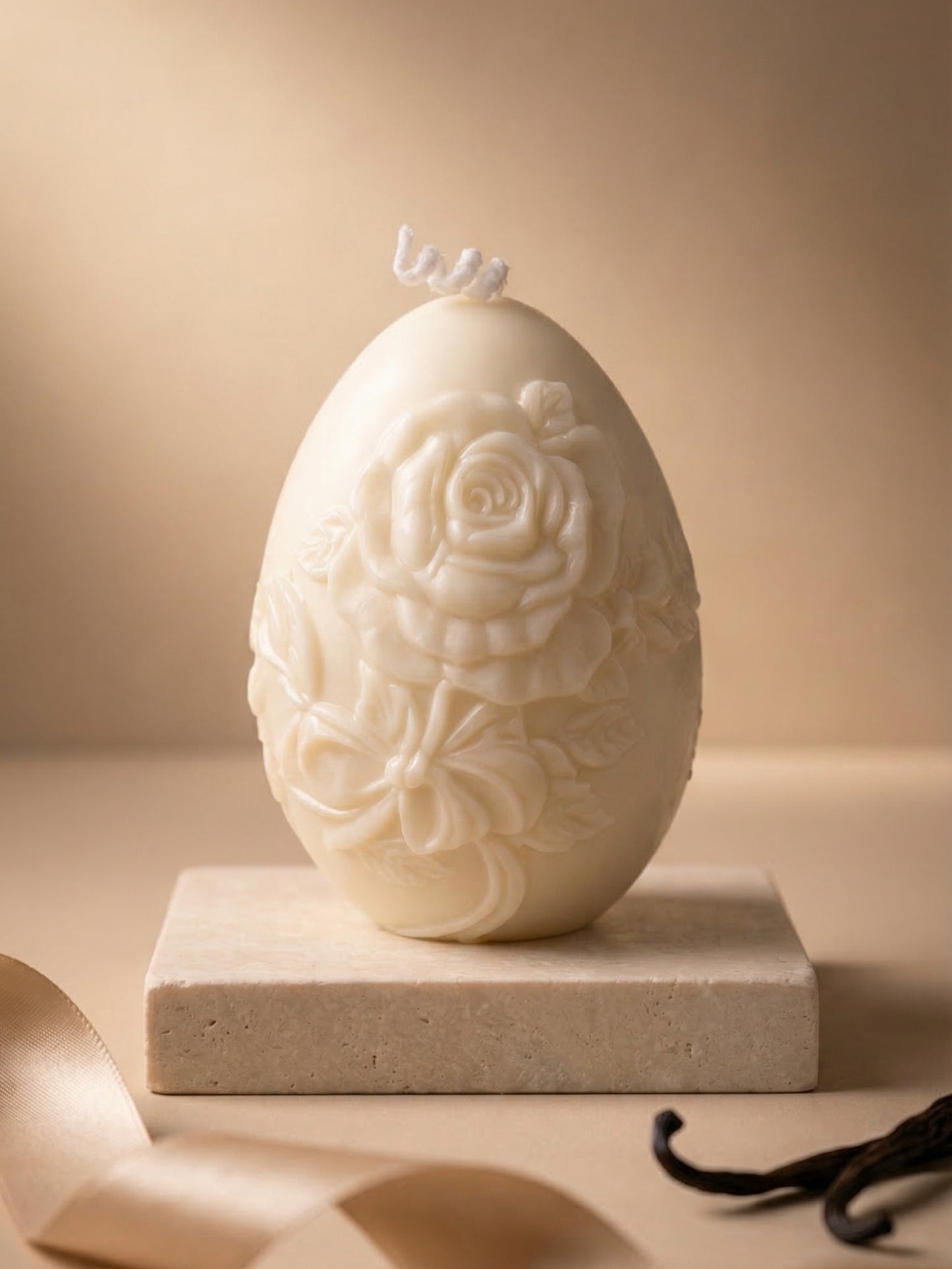 Minimal Easter egg sculptural candle, Nectar of Elysium natural soy wax honey vanilla candle with refined floral relief