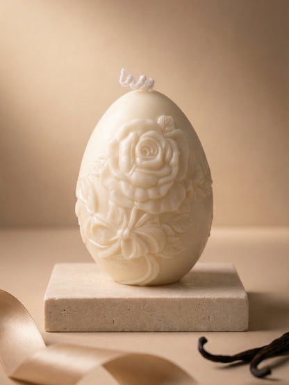 Minimal Easter egg sculptural candle, Nectar of Elysium natural soy wax honey vanilla candle with refined floral relief