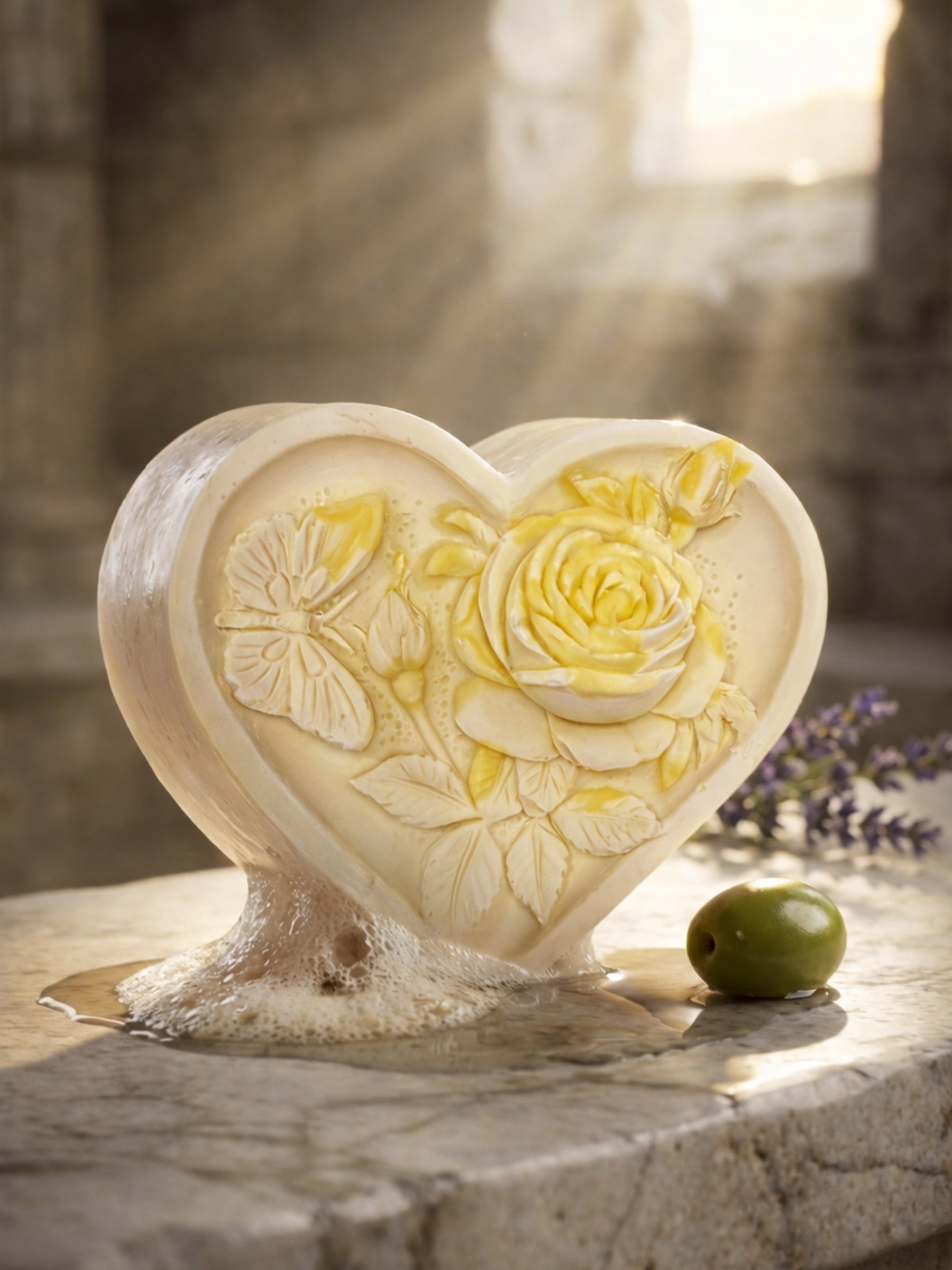 Handcrafted heart-shaped olive oil soap with carved rose and butterfly details, photographed on natural stone with olive and lavender in warm sunlight, luxury artisanal soap for natural skincare and elegant bathroom decor.
The Heart Soap by DEOS CO made of pure olive oil and lavender essential oil