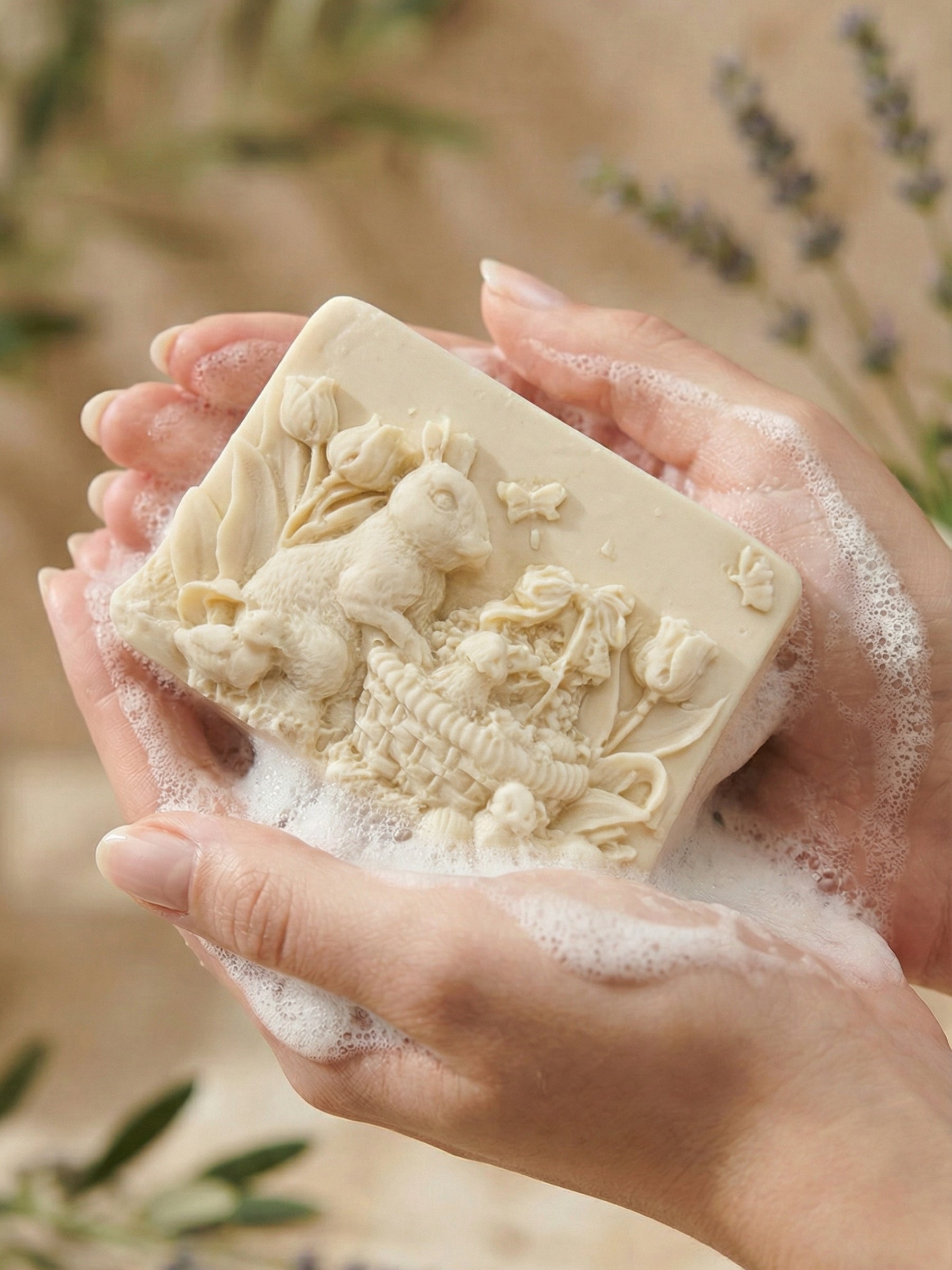 Hand holding DEOS Co. THALÉA artisan olive oil lavender bunny soap showing detailed botanical carving and natural handmade texture