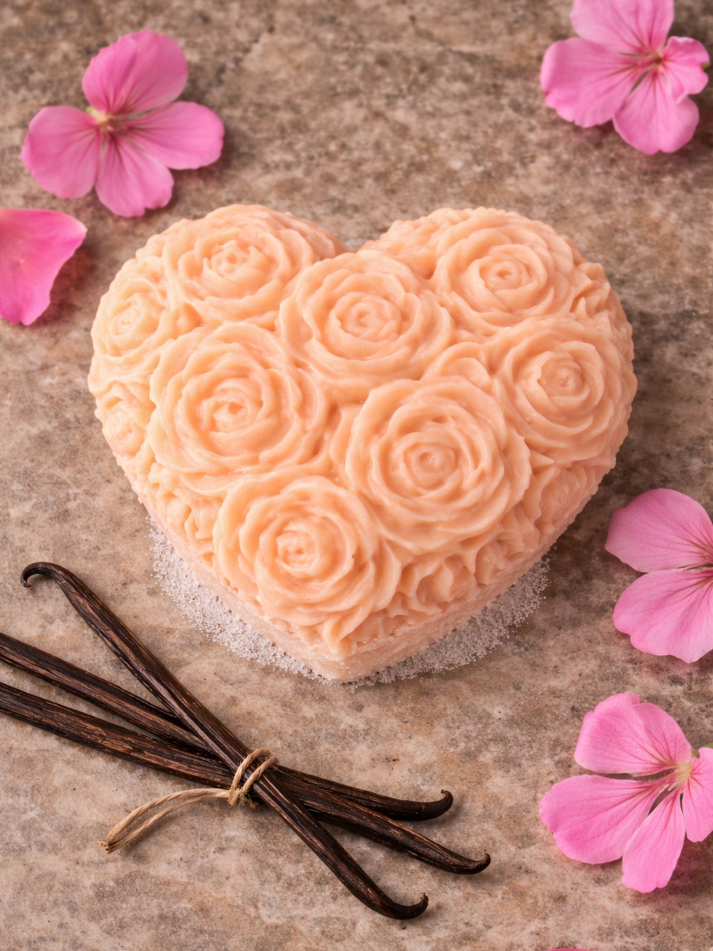 Fleur Heart Grand Bloom Valentine’s Day soap with rose geranium flowers and vanilla pods, natural romantic soap made of greek organic olive oil, coconut oil, castor oil, mango oil, glycerin by DEOS CO