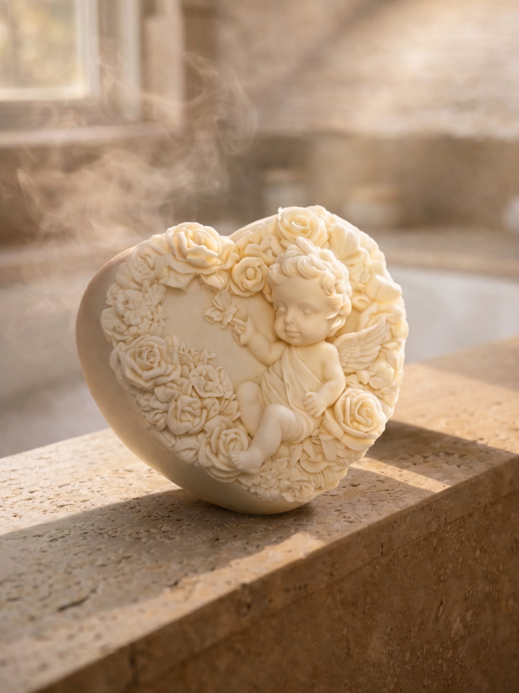 Heart-shaped soap with angel and floral design on a stone surface with steam in the background by DEOSCO. Greek Olive oil and lavender soap by DEOS Co.

The Eros Angel — Pure Olive Oil & Lavender Soap | Nardus Bliss Collection